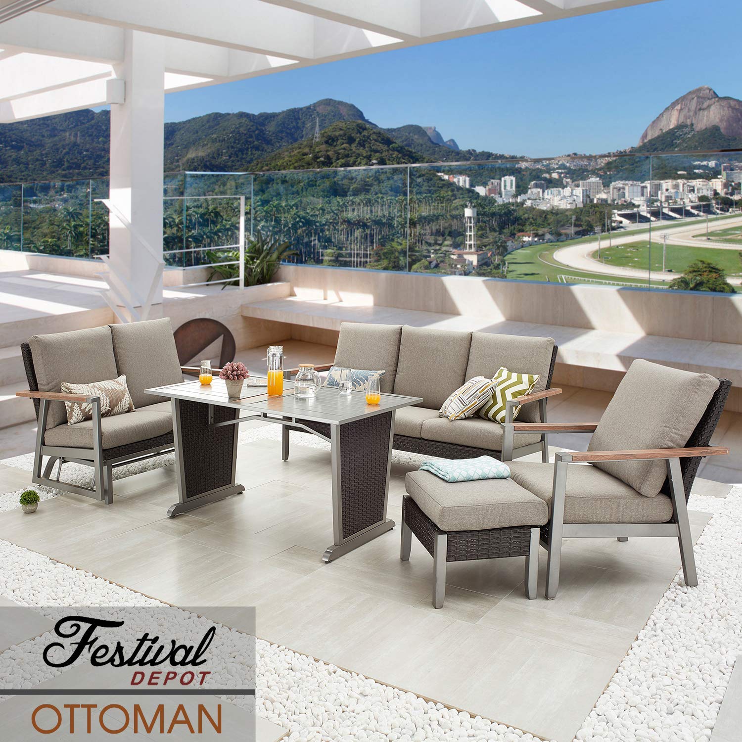 Outdoor Rattan Wicker Ottoman with Thick Cushion - All-Weather Metal Footrest Stool for Patio, Garden & Lawn - Perfect for Relaxing, Entertaining & Outdoor Decor