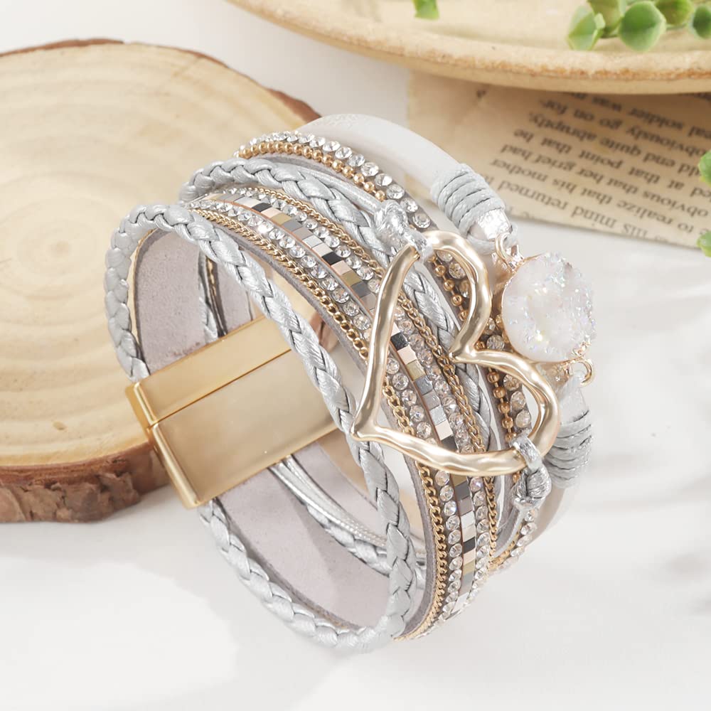 Boho Leather Wrap Bracelets for Women - Stylish Heart Layered Chunky Stack Jewelry, Trendy Valentine's Day Gifts for Her | Perfect for Everyday Wear, Date Nights, Special Occasions | Great for Boho-Chic Style, Jewelry Stacking | Ideal for Work, Parties, Travel & Fashion Statements | Gift for Girlfriend, Wife, Mom, Best Friend | Perfect for Casual Outfits, Romantic Dates, Boho Fashion, Jewelry Layering