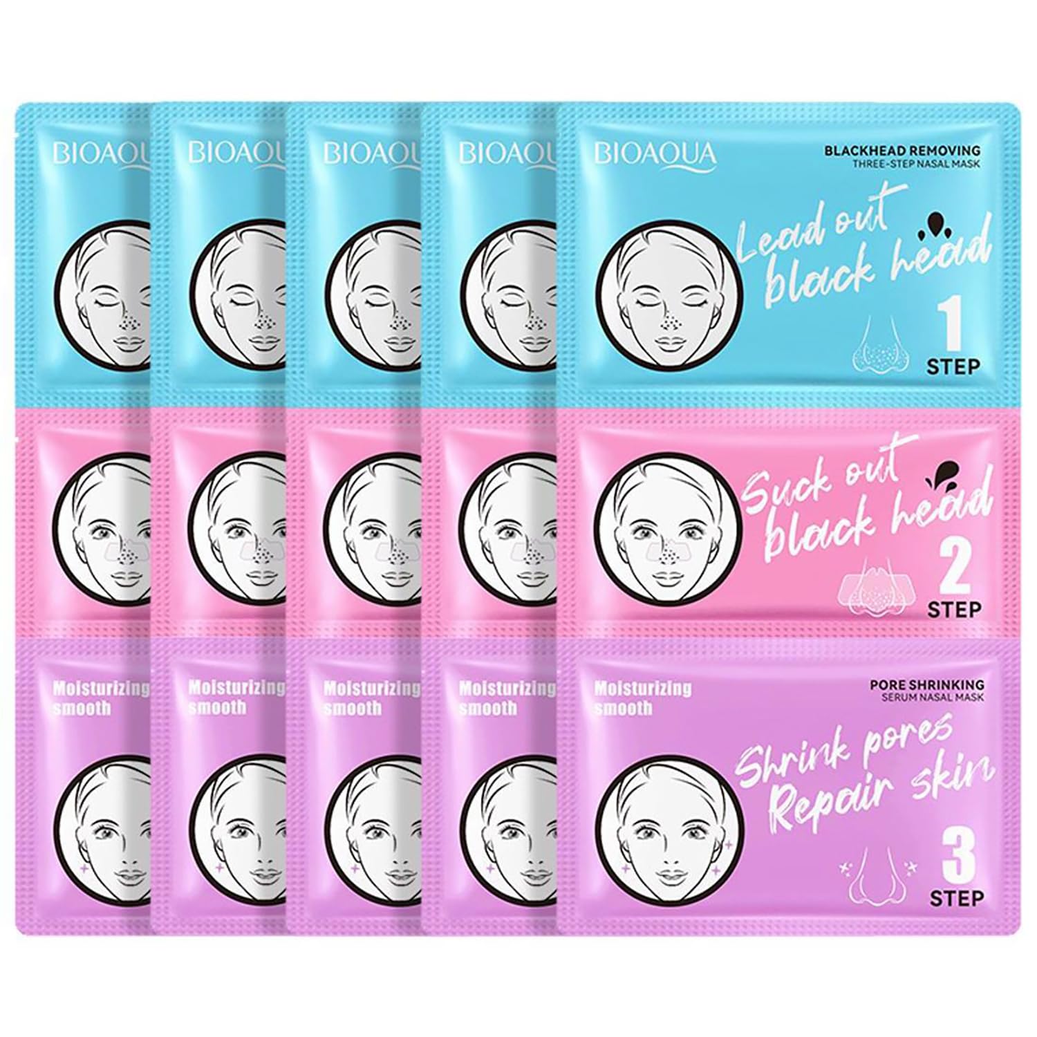 BIOAQUA 3-Step Blackhead Remover Kit - Deep Cleansing Nose Strips, Pore Minimizer Serum & Moisturizing Patches for Smooth Skin (7g x3) x5 Pack - Perfect for Acne Prone Skin & Blackhead Removal at Home