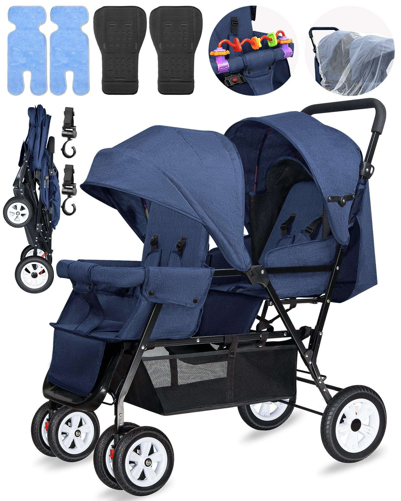 Premium Double Stroller for Infants & Toddlers - Foldable Tandem Baby Stroller with Adjustable Backrest, Mosquito Net & Accessories (Blue) - Perfect for Twins, Siblings or Daycare Outings