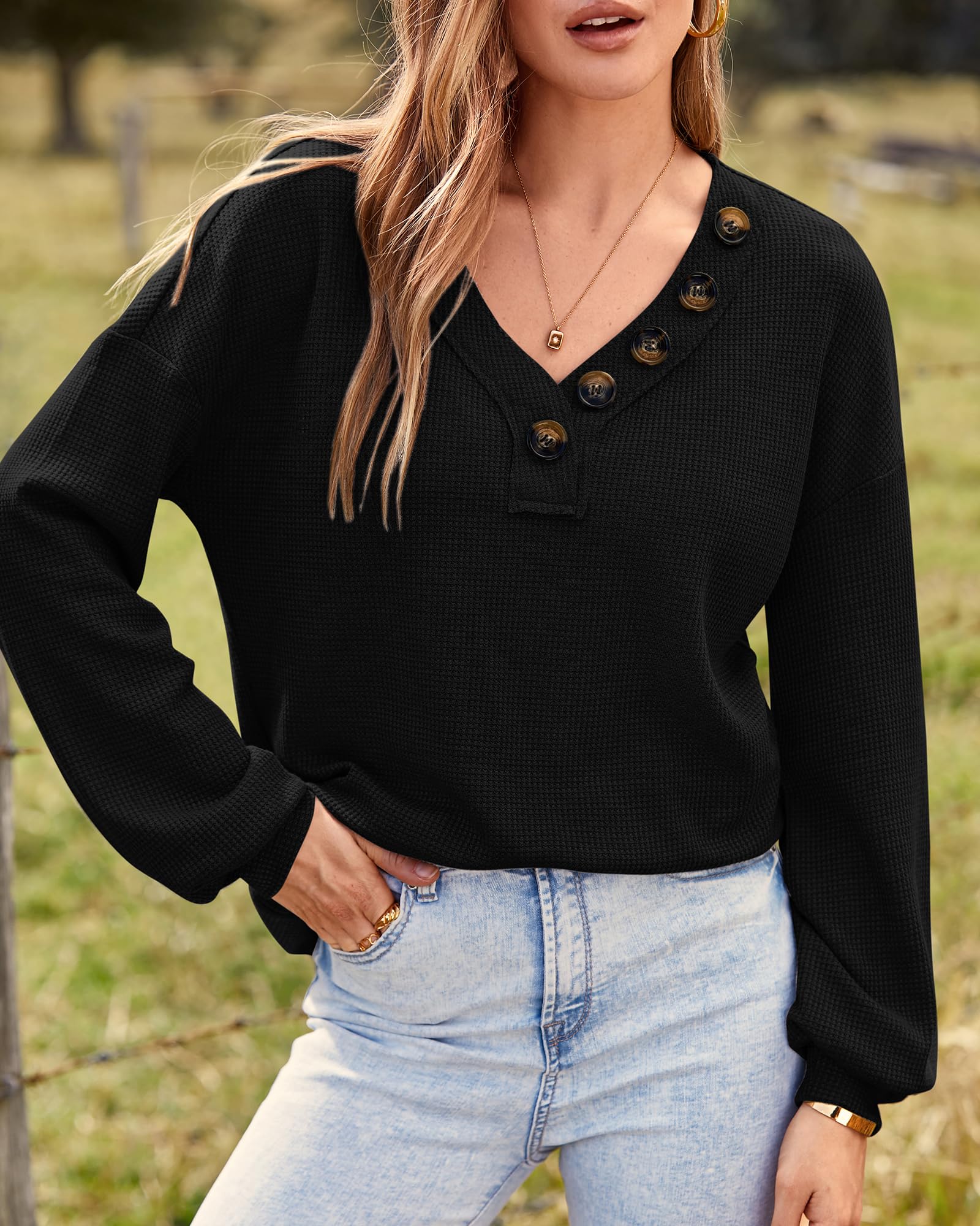 BTFBM Women's Long Sleeve V-Neck Blouse - 2025 Fall Fashion Loose Casual Pullover Top with Decorative Buttons & Lightweight Waffle Knit Fabric | Perfect for Office Wear, Autumn Layering and Weekend Outfits