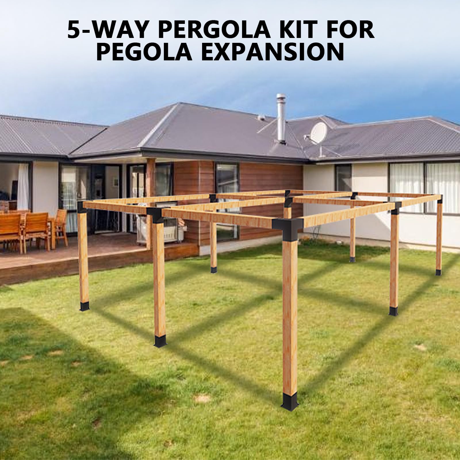 5-Way Right Angle Pergola Brackets Kit - Heavy Duty Woodwork Brackets with Post Anchors for 4x4 Wood Beams (Fits 3.5