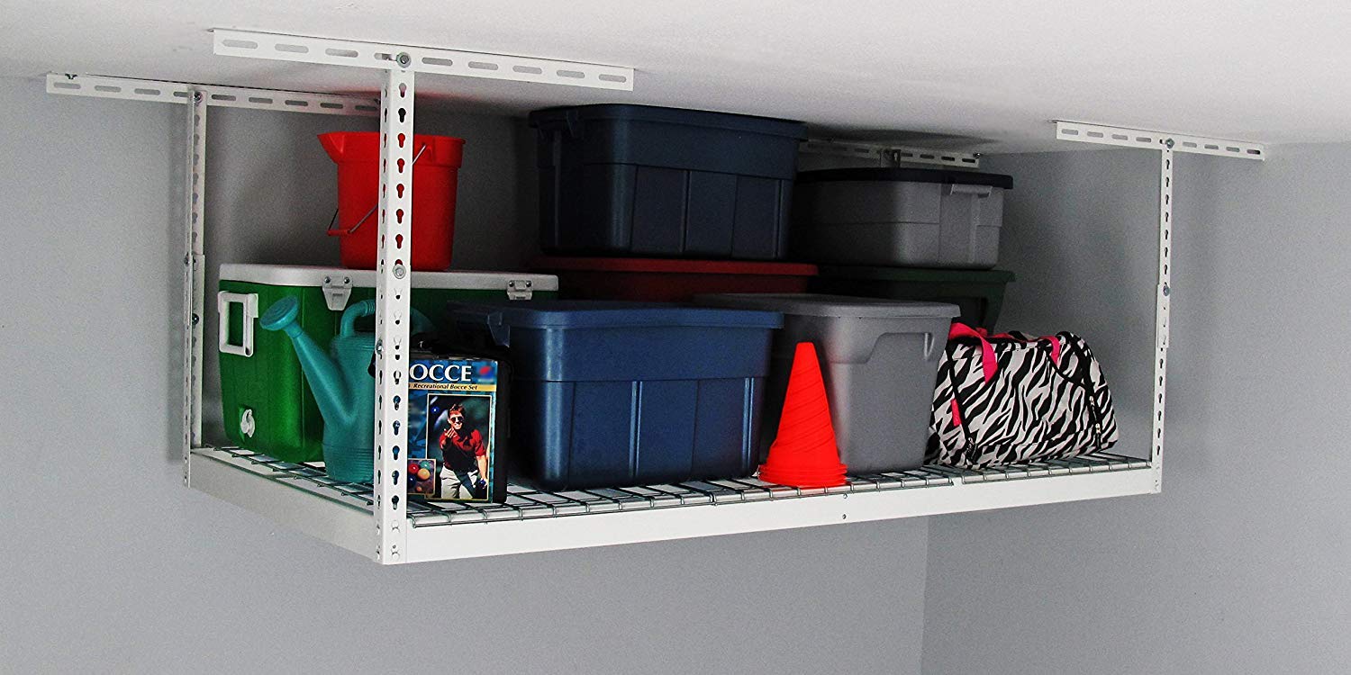 MonsterRax Heavy Duty Overhead Garage Storage Rack - 400 lb Capacity Adjustable Ceiling Mount Shelves 3x6 White (12