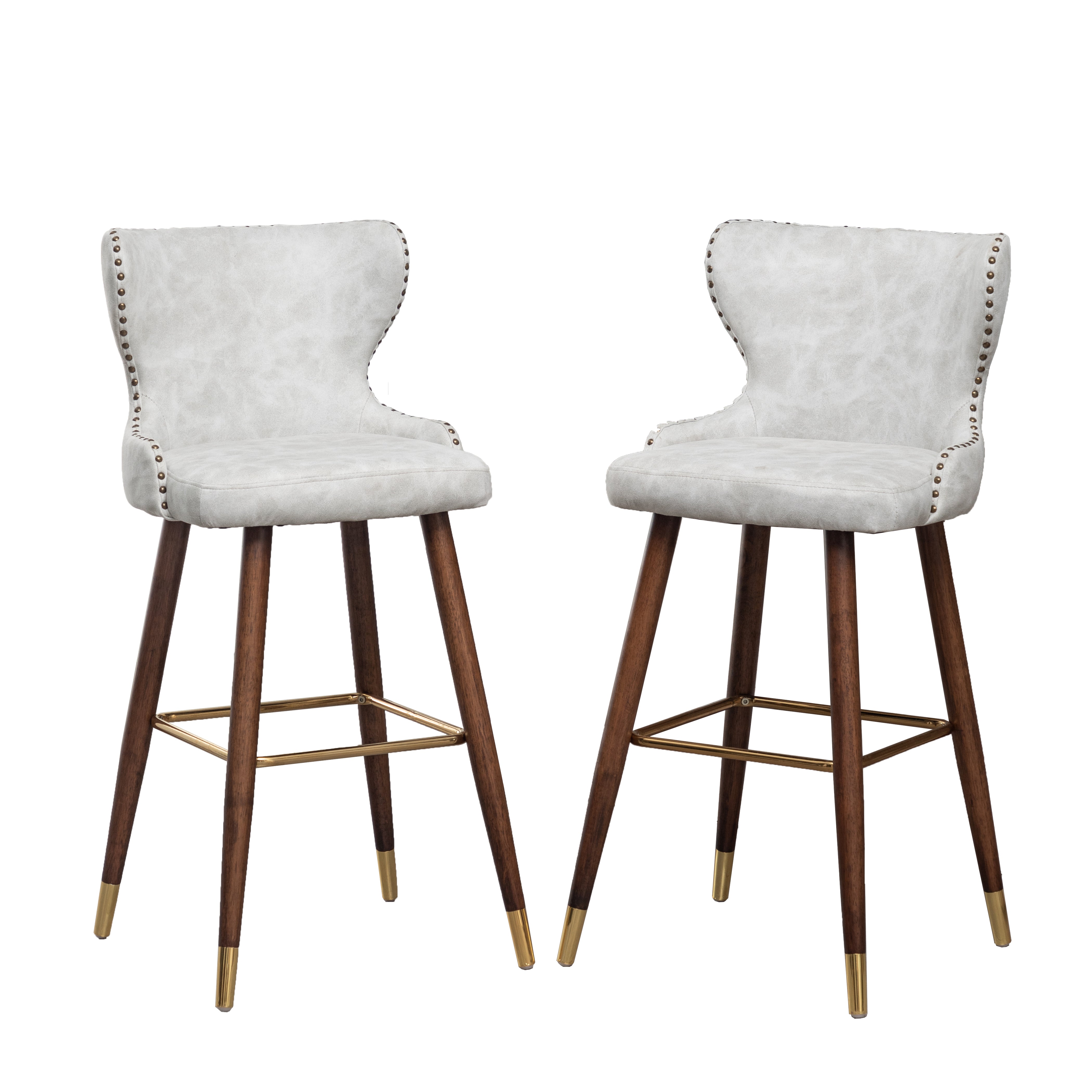 Roundhill Furniture Nevis Mid Century Modern Faux Leather Tufted Bar Stools with Nailhead Trim - Set of 2 White Barstools for Kitchen Island, Breakfast Nook & Home Bar Decor
