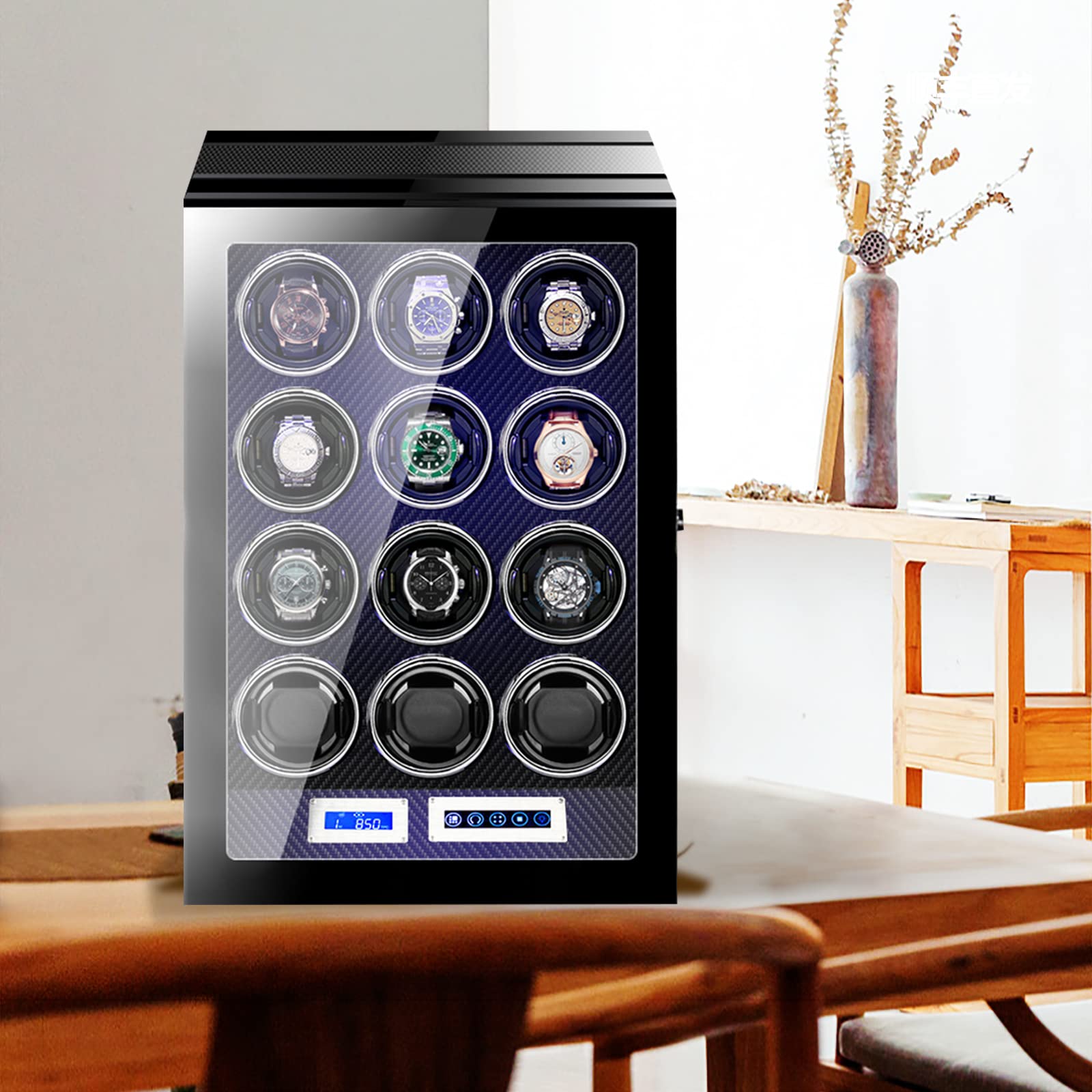 6/12 Slot Automatic Watch Winder with Fingerprint Unlock - Ultra Quiet Japanese Motor, LED Light & LCD Touchscreen - Perfect for Rolex, Omega Luxury Watch Collection & Nightstand Storage