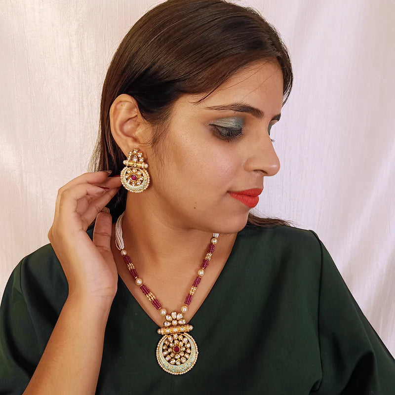 Luxury Gold Plated Royal Kundan Ruby Beads Pendant Necklace Set (D437) - Perfect for Weddings, Parties & Special Occasions