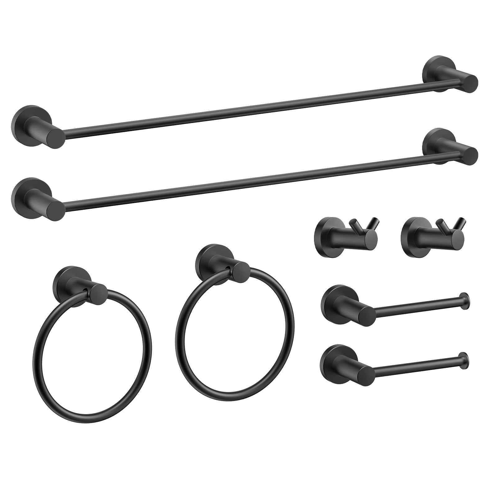 FORIOUS 8-Piece Bathroom Hardware Set - 24 Inch SUS304 Thickened Stainless Steel Towel Bar Holder, Modern Wall Mounted Towel Rack in Matte Black - Perfect for Bathroom, Spa & Guest Room Organization