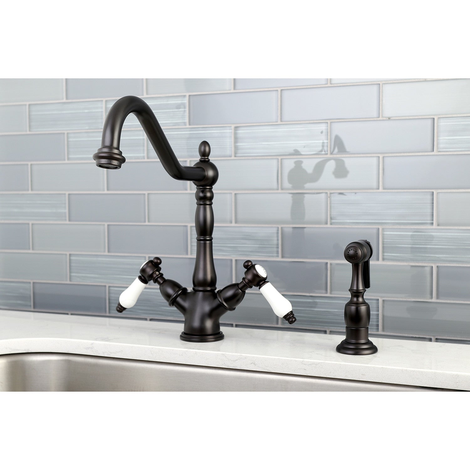 Bel Air KS1235BPLBS Two Handle 2 or 4 Hole Kitchen Faucet with Deck Plate & Brass Sprayer - Oil Rubbed Bronze Finish for Modern Farmhouse & Traditional Kitchens