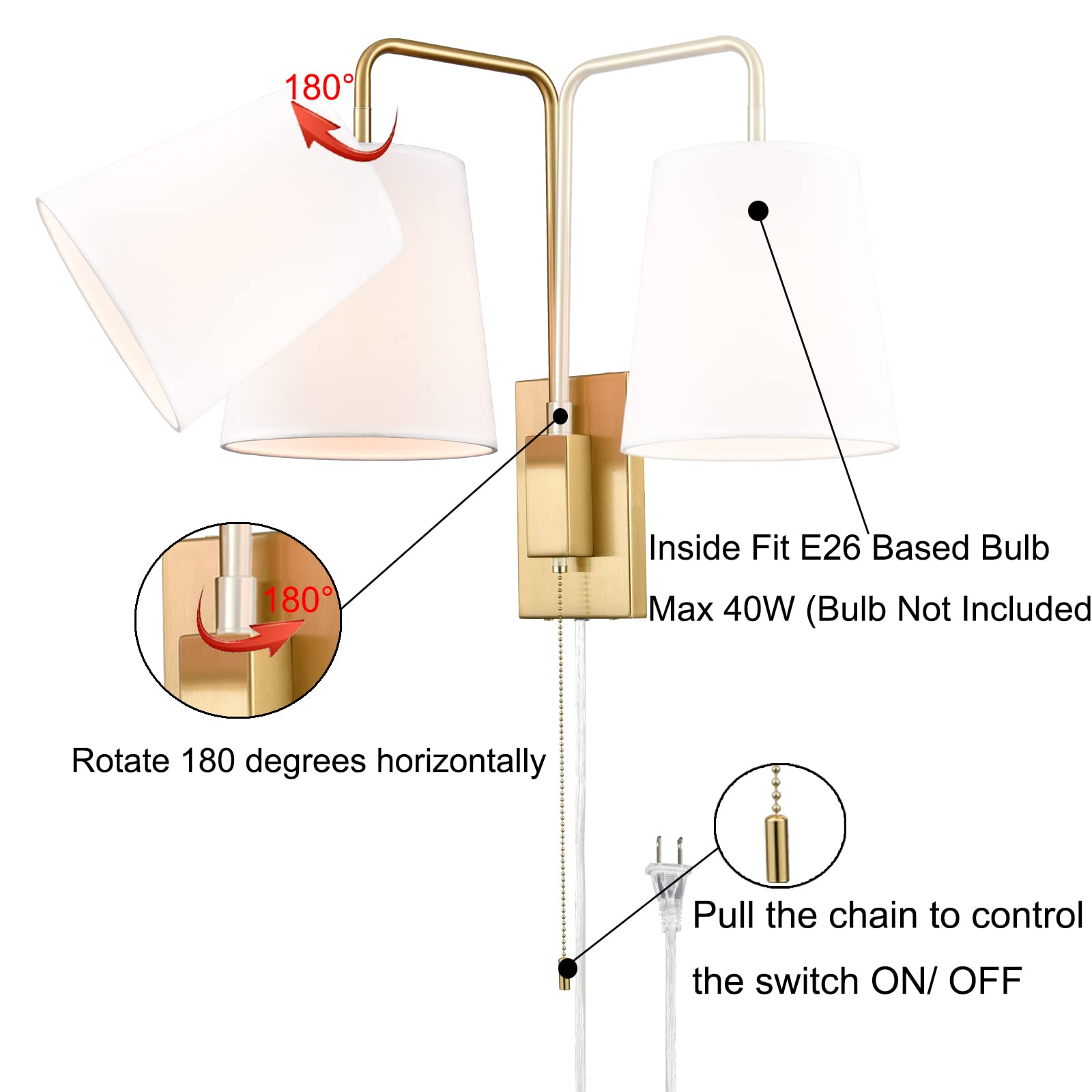 Gold Fabric Shade Wall Sconce - Set of 2 Plug-in Wall Lamps for Bedroom, Living Room & Hallway - Elegant Lighting Fixture with Soft Glow for Cozy Ambiance