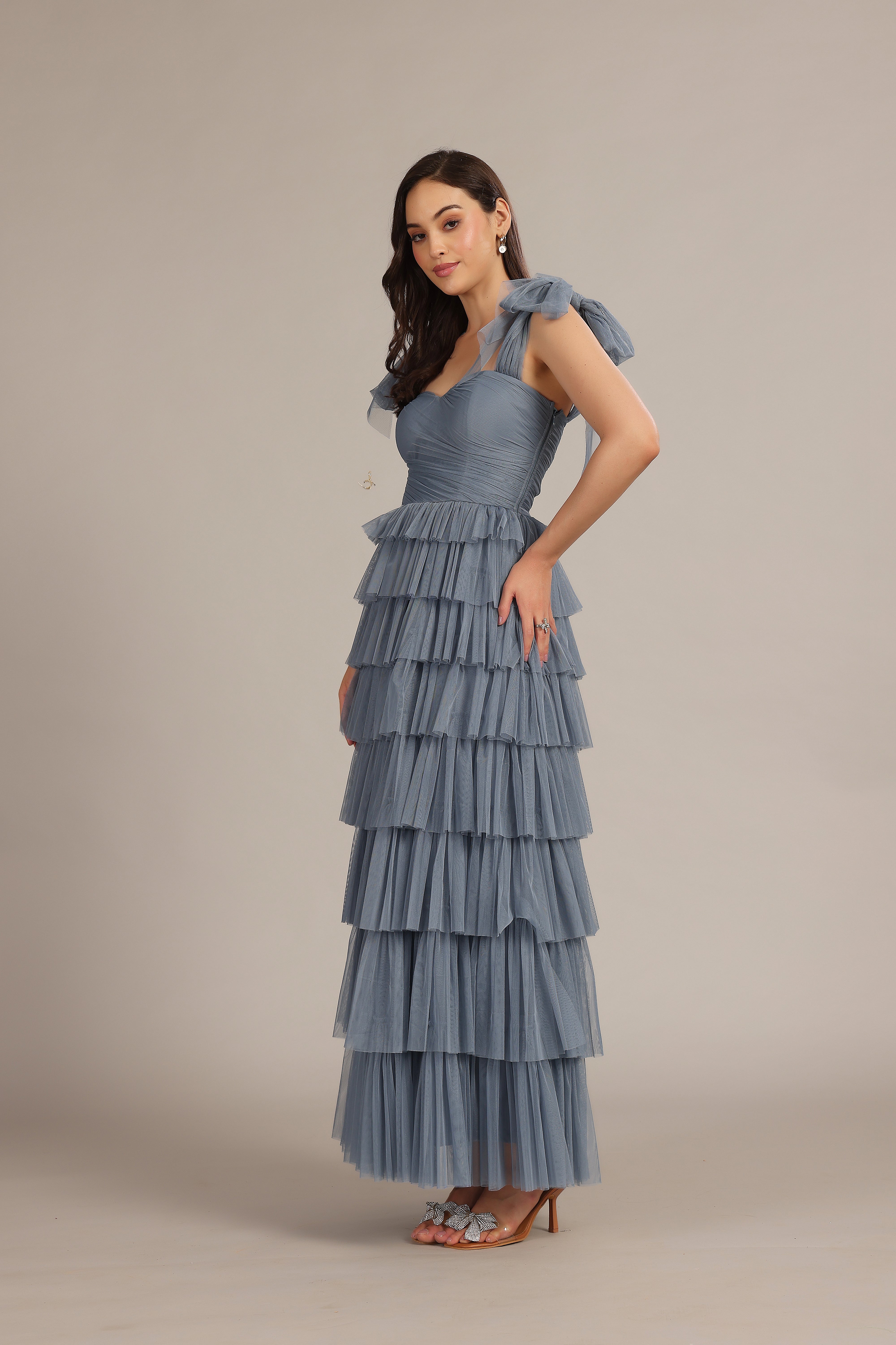 Ophelia Dusty Blue Maxi Dress with Tie Detail - Elegant Flowy Long Dress for Women, Perfect for Weddings, Beach Vacations & Summer Parties