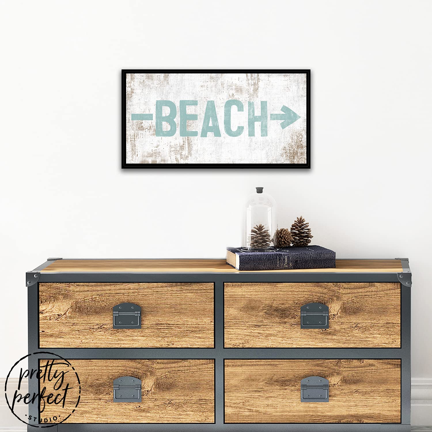 Custom Beach & Lake Arrow Direction Rustic Wall Art - 10x20 Inch Black Framed Canvas Sign for Beach House, Lake Cabin, Vacation Home Decor - Perfect for Entryway, Porch or Coastal Living Room Decor
