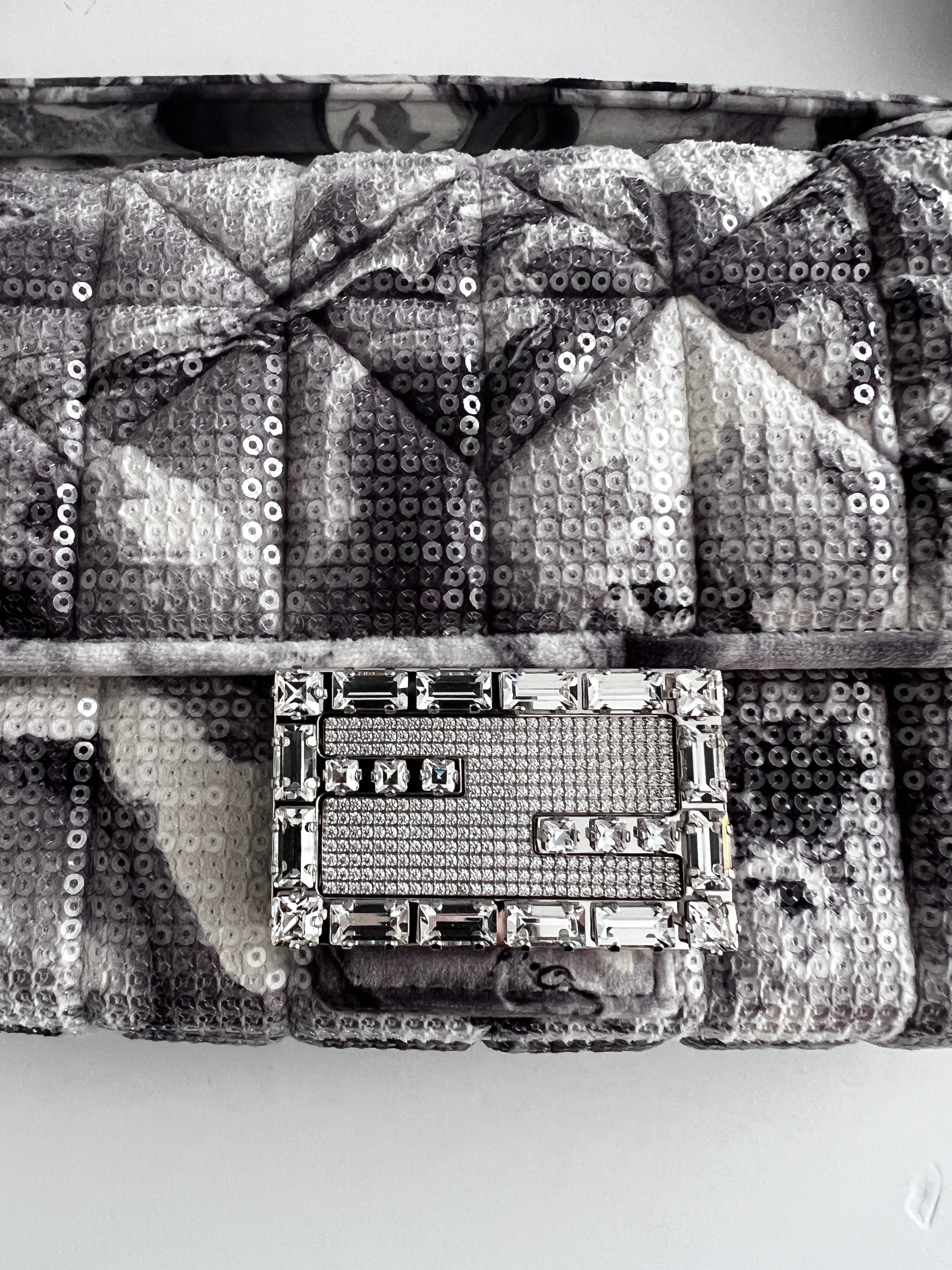 Fendi Marble Print Sequin Magnetic Buckle Baguette Bag - Stylish Clutch for Evening Parties, Weddings & Special Occasions