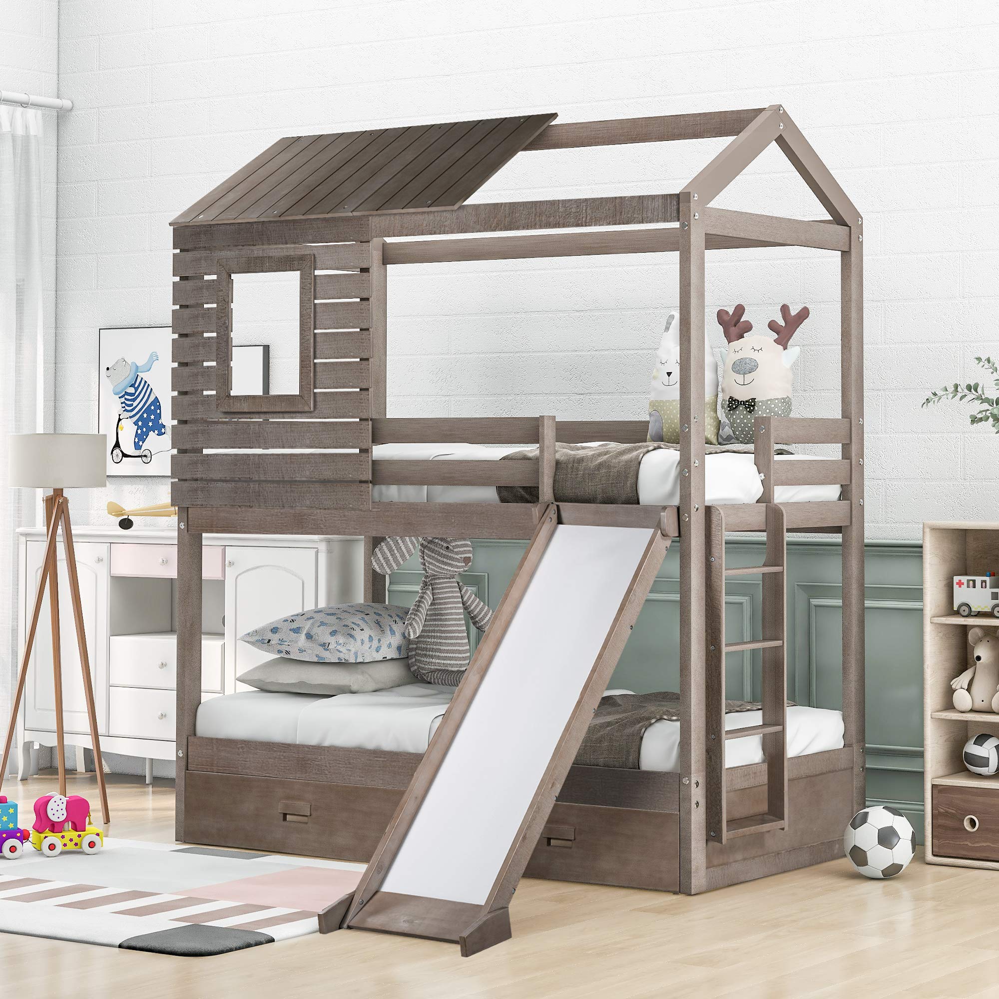 Merax Twin Over Twin Bunk Bed with Storage Drawers & Slide - Wooden House-Shaped Loft Bed for Kids with Built-in Ladder, Roof, Window & Guardrail - Space-Saving Solution for Small Bedrooms (Grey) | Perfect for Kids' Rooms, Guest Rooms & Vacation Homes