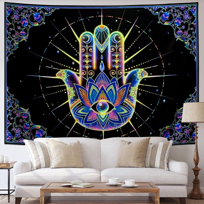 Cosmic Hamsa Official Glow Tapestry UV Art Decor - Spiritual Wall Hanging for Bedroom, Yoga Studio & Meditation Space
