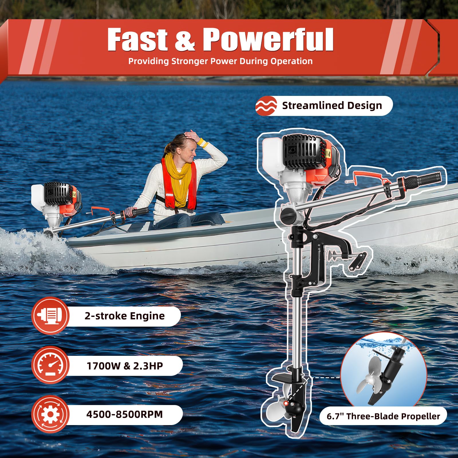 52cc Single Cylinder 2.3HP Gas Outboard Motor - Long Shaft Air Cooled Engine for Inflatable Boats, Fishing Boats, Yachts & Water Sports | Perfect for Lake Fishing, River Cruising & Marine Recreation