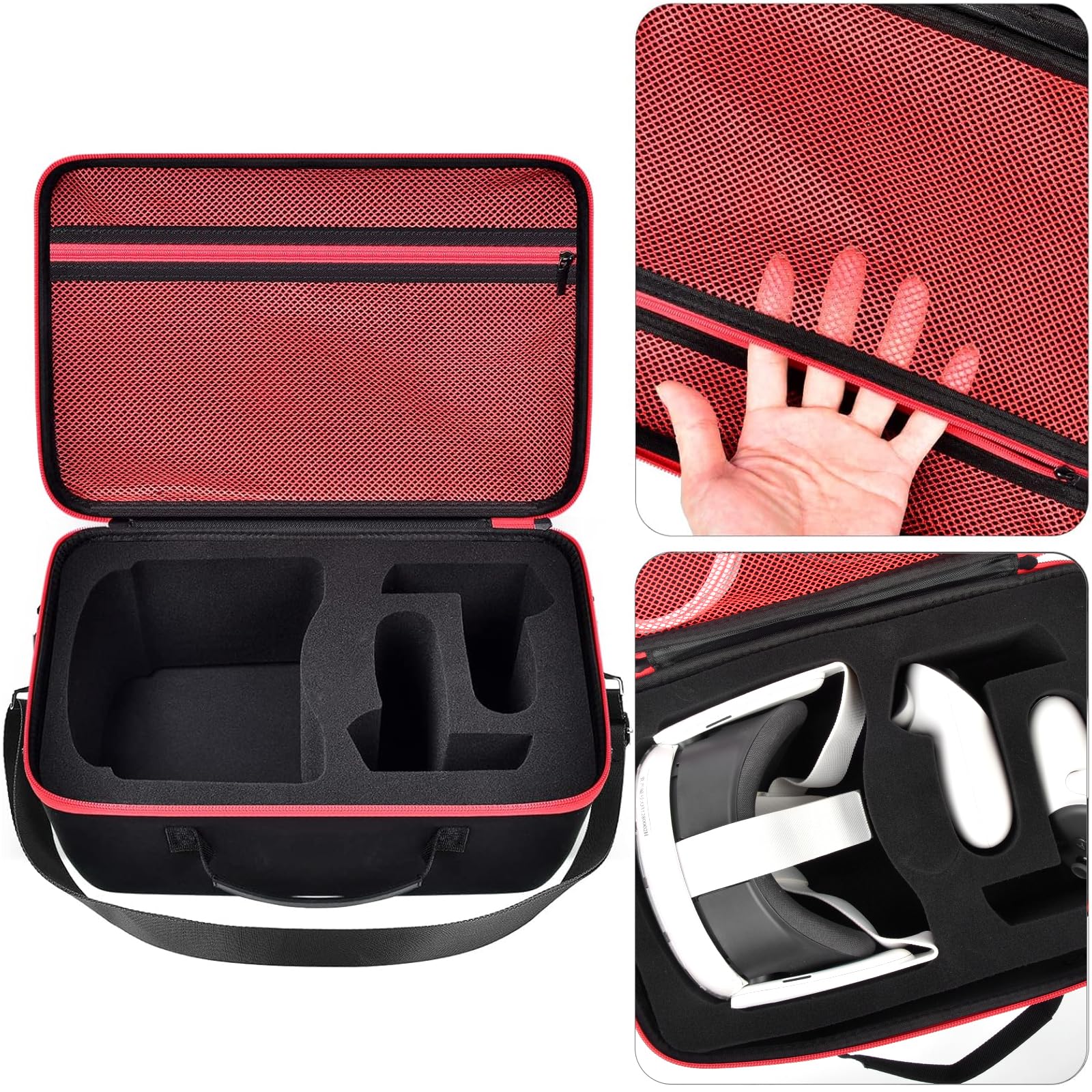 Meta Quest 3/3S & Oculus Quest 2 VR Headset Travel Case - Protective Hard Shell Storage Bag with Silicone Face Cover, Lens Protector & Accessories (Red Zipper) - Perfect for Gaming, Travel & VR Equipment Protection