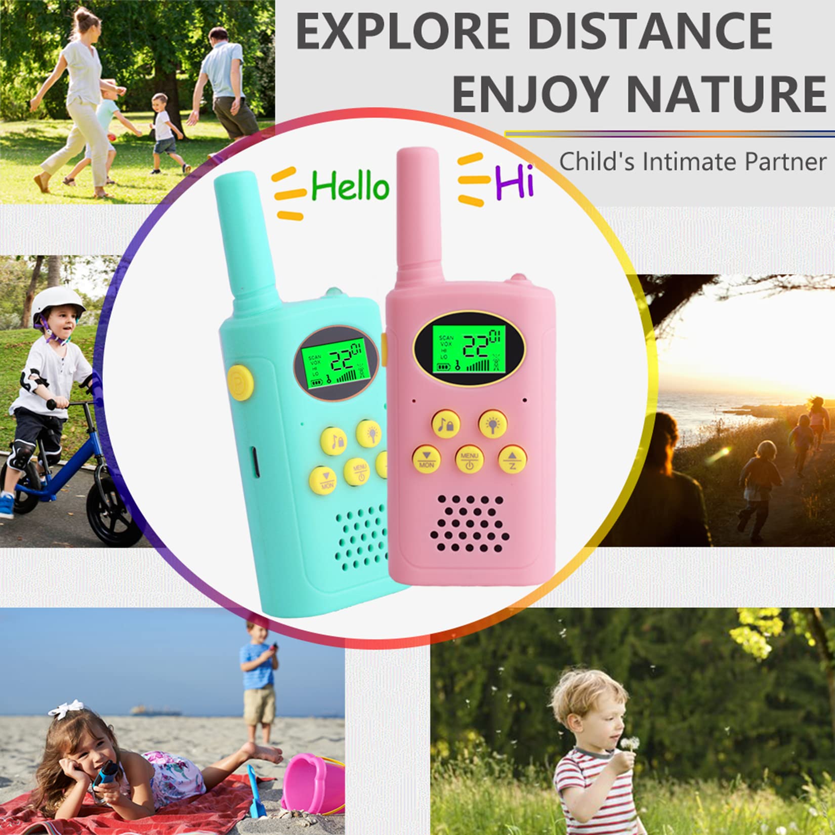 Rechargeable Walkie Talkies for Kids - 2 Pack Long Range 22 Channel Two Way Radios - Outdoor Toys for Boys & Girls Ages 3-12 - Perfect for Camping, Hiking, Birthday, Christmas & Easter Gifts (Blue & Pink) - Great for Family Adventures, Playdates & Emergency Communication