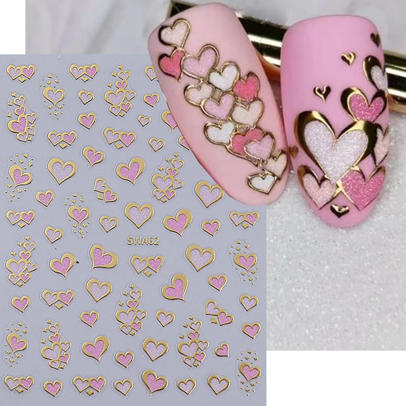 Valentine's Day Heart Nail Art Stickers - 6PCS Glitter 3D Self-Adhesive Manicure Decals with Gold Edge for Women | Perfect for Valentine's Nail Decor, Date Night, Bridal Party & Special Occasions