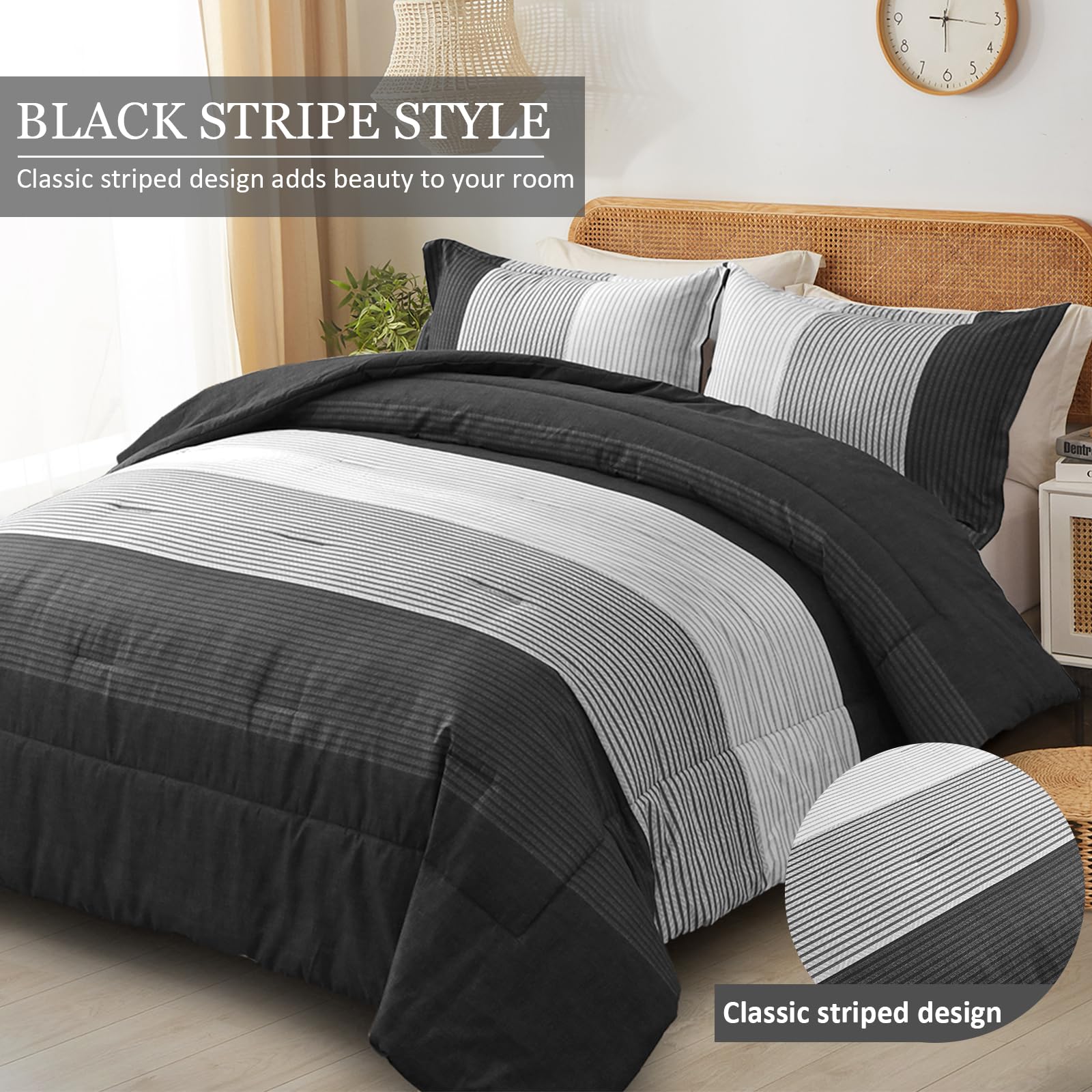 WONGS BEDDING King Size Black Comforter Set - Reversible Black Striped Down Alternative Duvet Cover with 2 Pillowcases (104