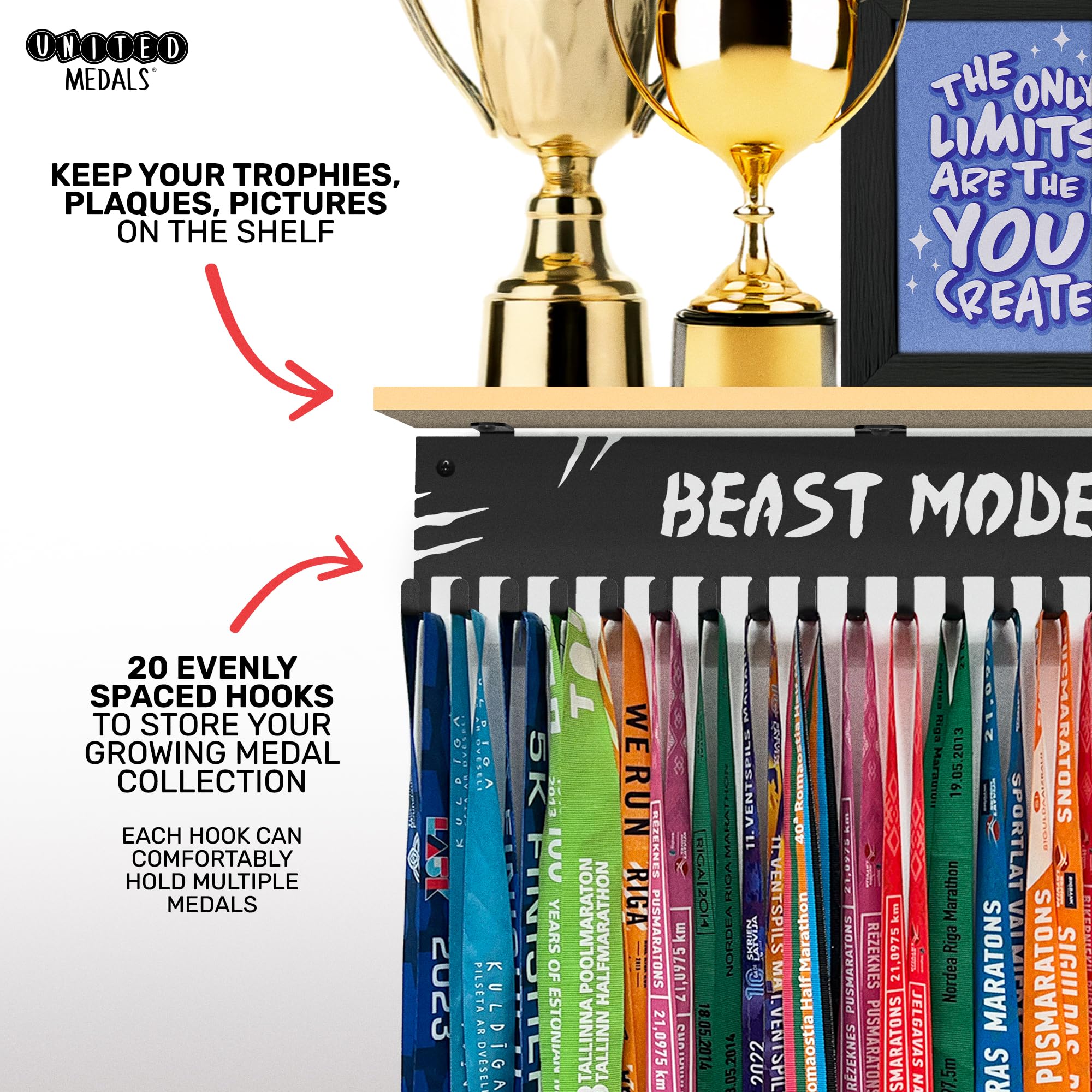 Beast Mode Medal Holder - Heavy Duty Steel Medal Hanger & Display Rack for Awards, Ribbons, and Badges - Perfect for Sports Trophies, Military Medals, and Race Finisher Displays