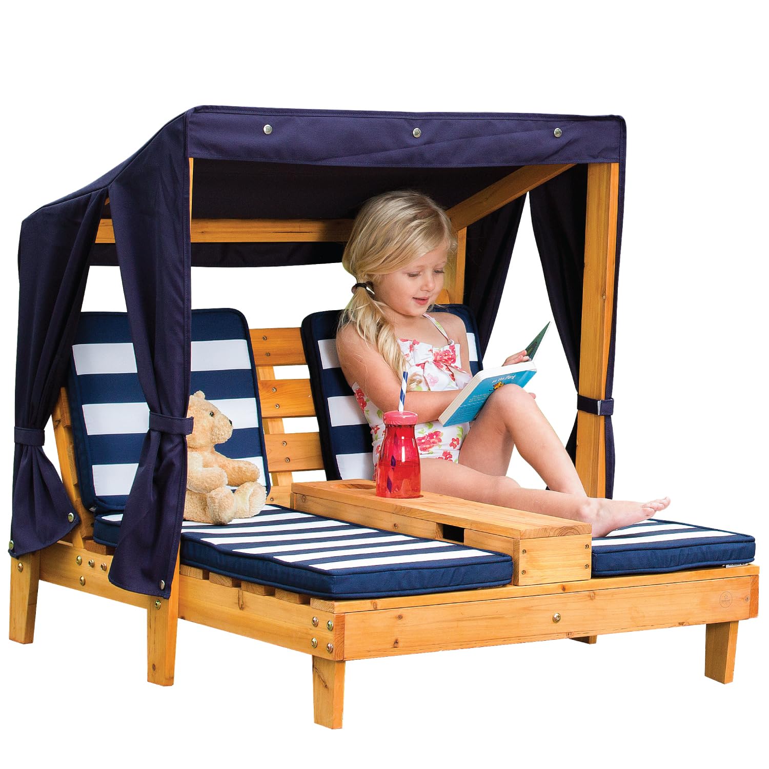 KidKraft Wooden Outdoor Double Chaise Lounge for Kids with Cup Holders - Patio Furniture Set with Navy & White Striped Fabric - Perfect Gift for Ages 3-8 - Ideal for Backyard, Poolside & Outdoor Play Areas