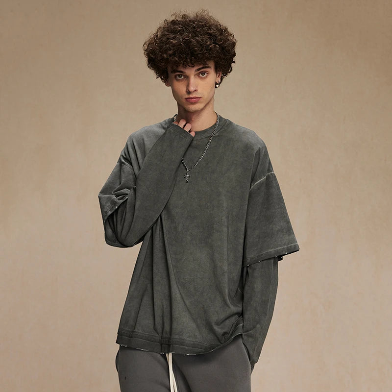 American Style Men's Long Sleeve T-Shirt - Round Neck Washable Faux Two-Piece Design Solid Color Loose Fit Casual Tee for Everyday Wear, Street Style & Layering