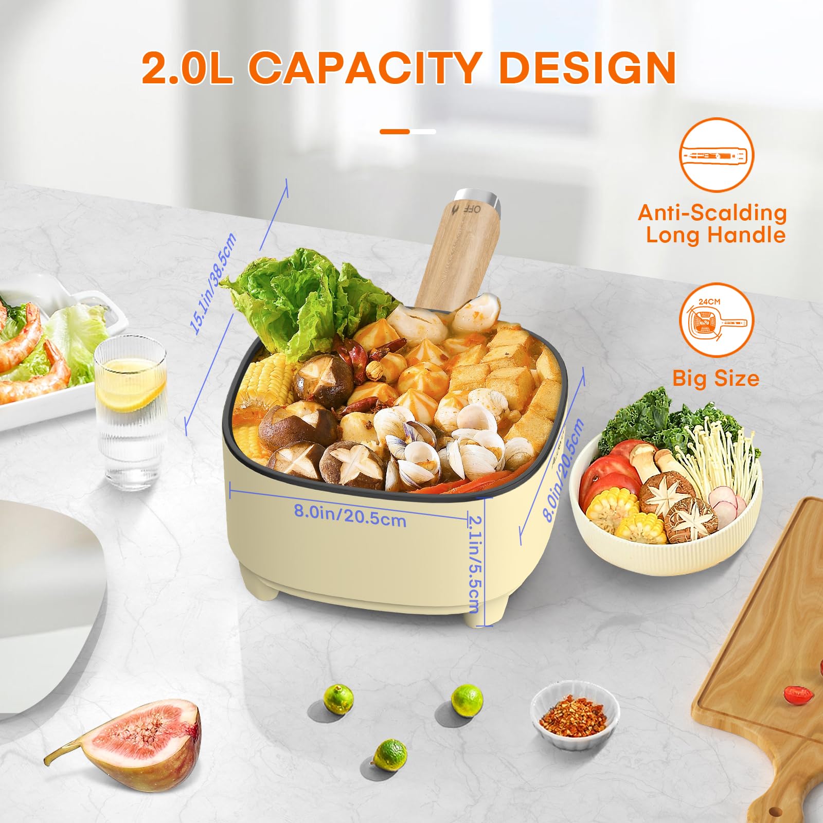 Audecook 2L Electric Hot Pot with Ceramic Non-Stick Coating, 8-Inch Portable Travel Cooker for Ramen, Steak, Fried Rice & Soup - Dual Power Control - Perfect for Dorms, Camping & Small Kitchens (Includes Silicone Spatula)