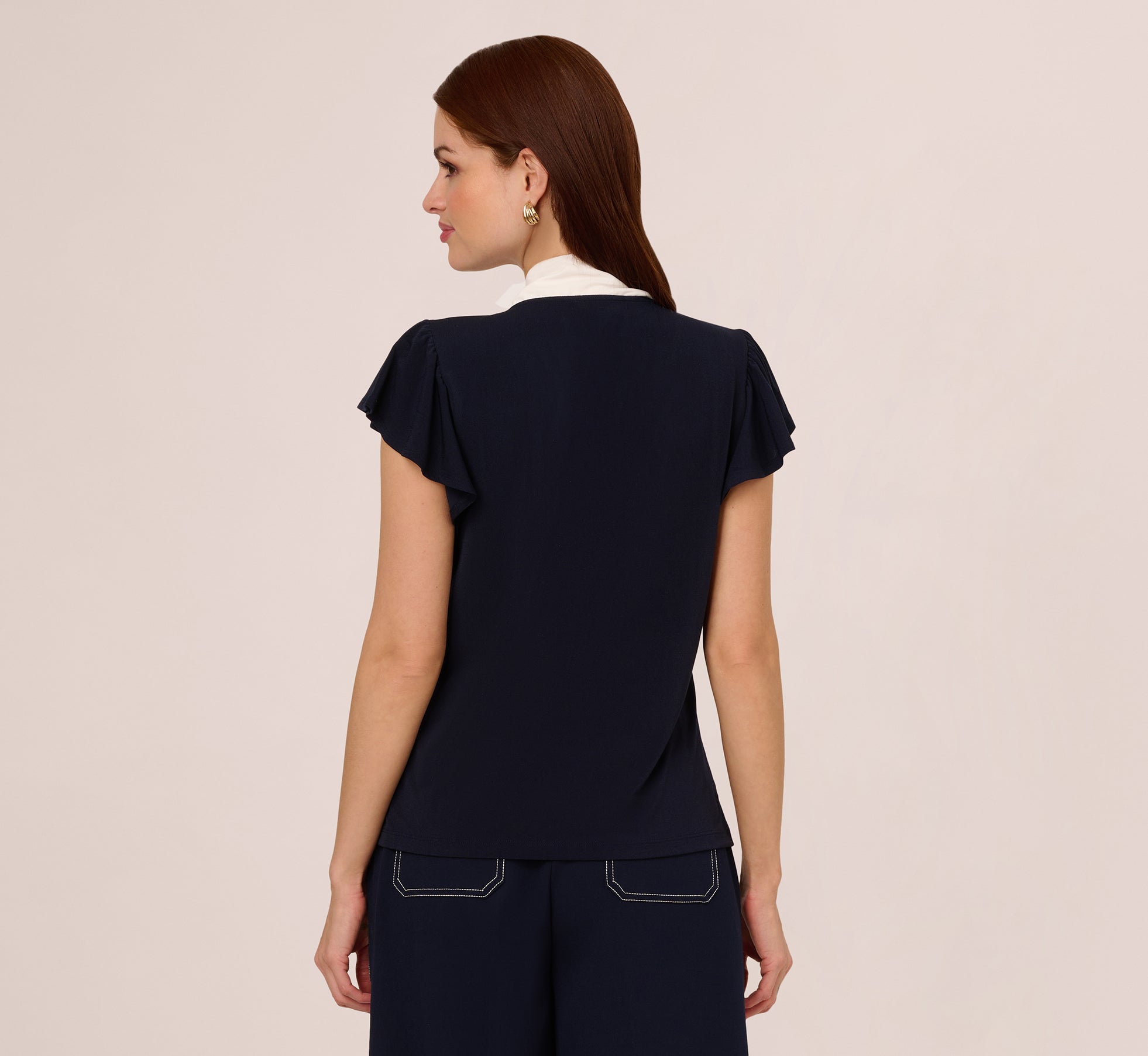 Flutter Sleeve Tie Neck Knit Top for Women - Navy & Ivory Striped Casual Blouse | Perfect for Office Wear, Date Night & Spring Outfits
