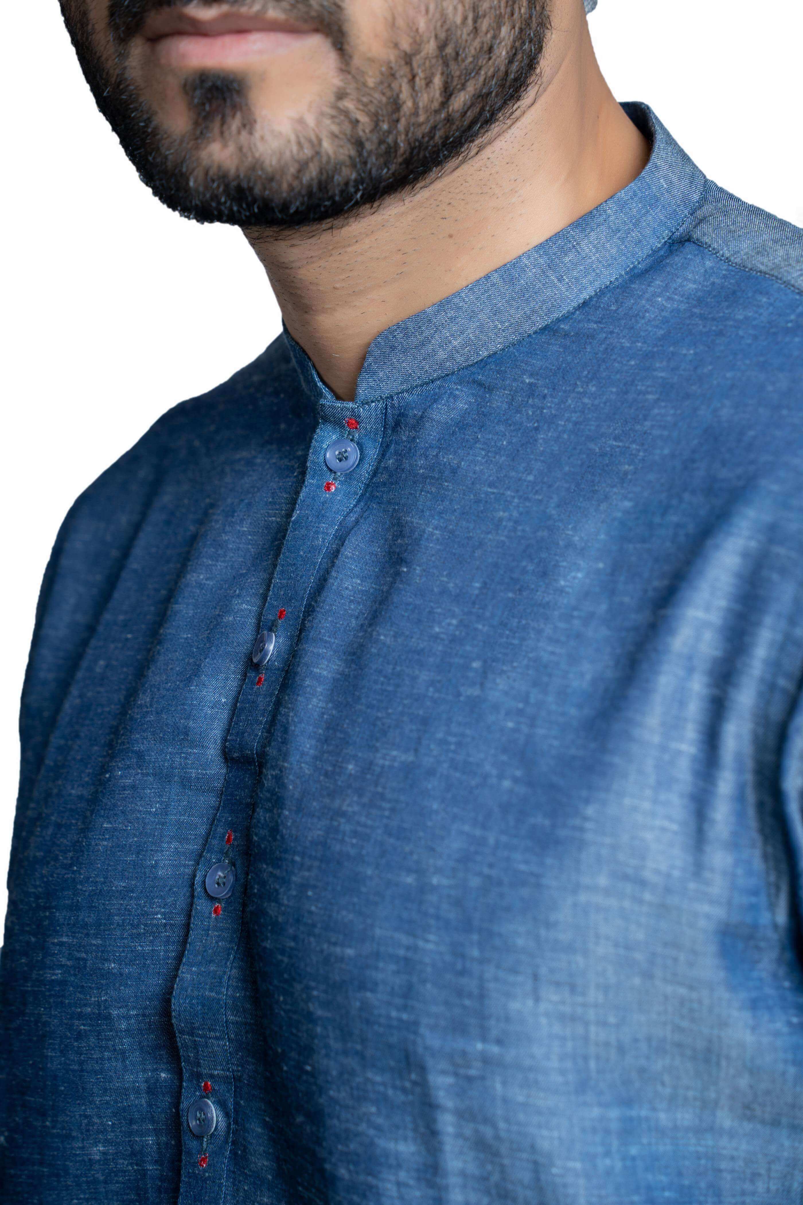 Elegant Blue Tensile Linen Kurta Pant Set - Classic Fit Indian Ethnic Wear for Men, Perfect for Festivals, Weddings & Casual Outings