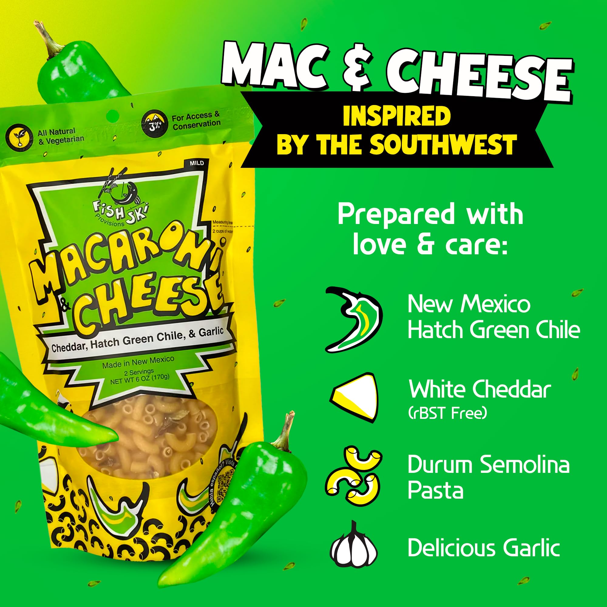 FishSki Provisions Macaroni and Cheese with Hatch Green Chile, Cheddar Cheese & Garlic - 6 oz Bags (24 Pack) | Quick & Easy Meal for Camping, Office Lunches & Family Dinners