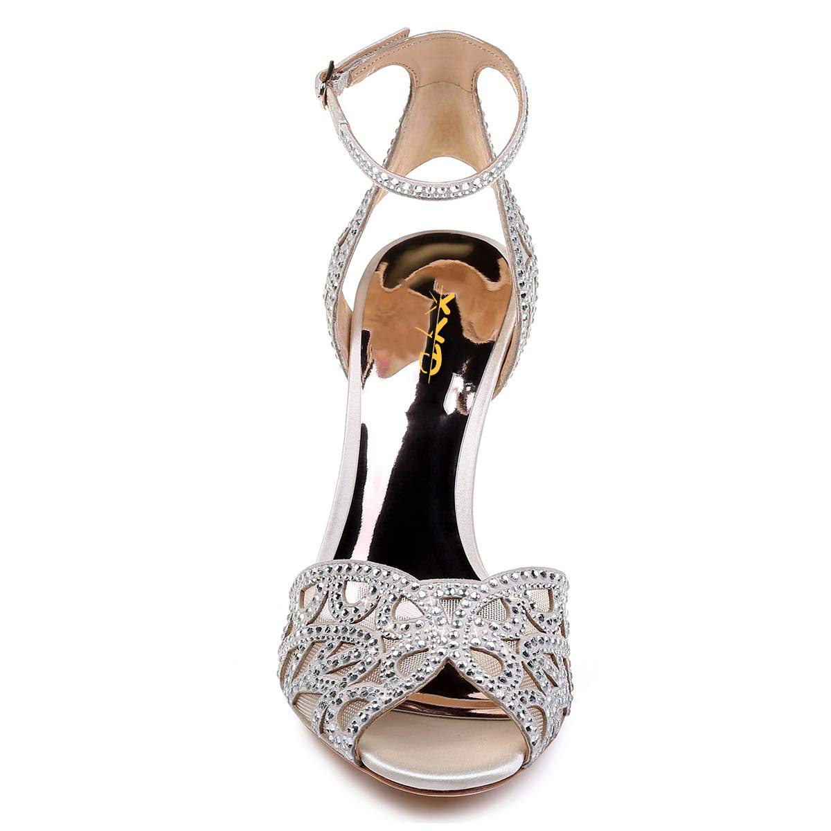 XYD Women's Rhinestone Peep Toe Sandals - Chunky High Heel Ankle Strap Slingback Mesh Dress Shoes for Wedding, Party & Dancing | Comfortable Evening & Prom Footwear