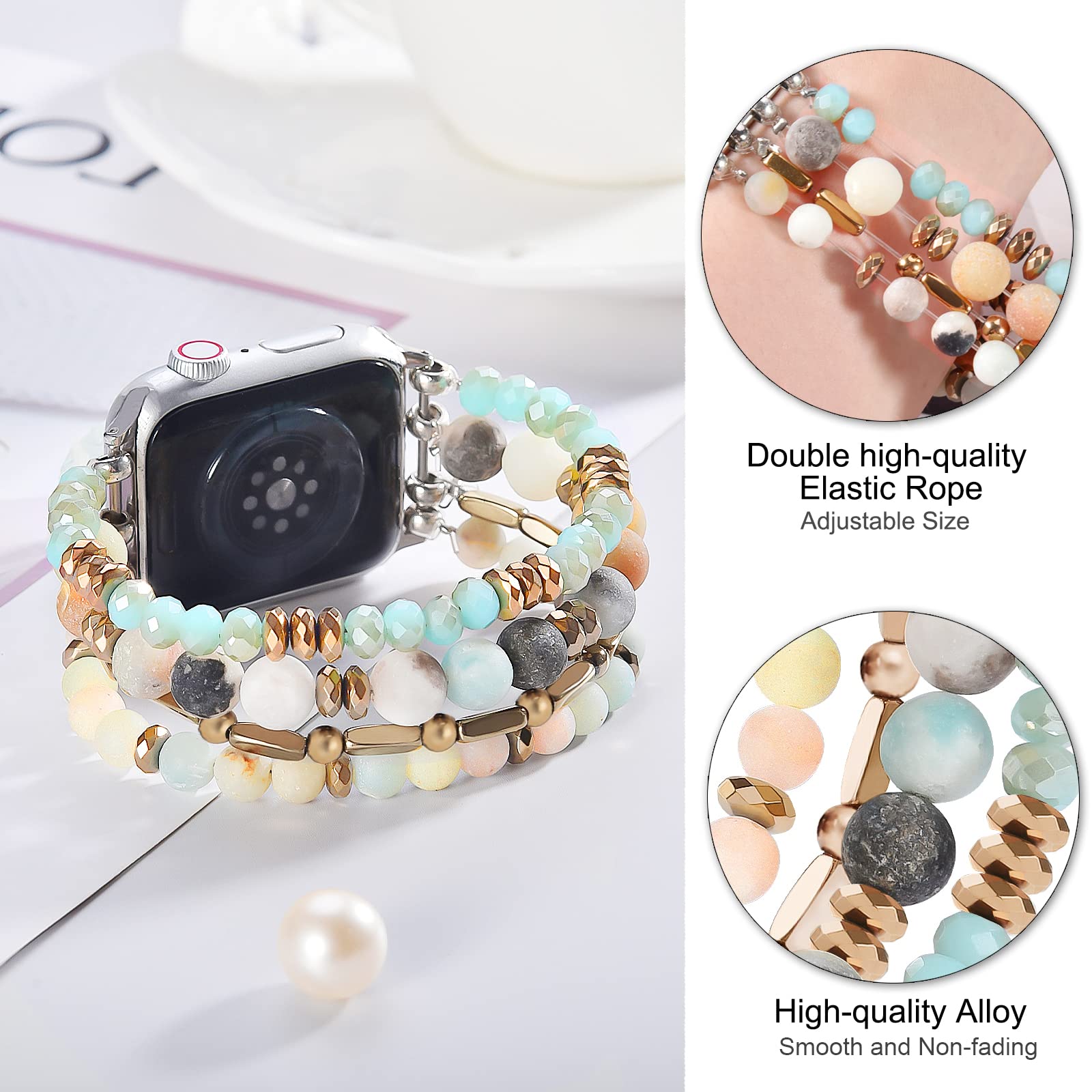 VISOOM Stretchy Beaded Boho Bracelet Compatible with Apple Watch 40mm/38mm/41mm/42mm (Series 1-10 & SE) - Handmade Crystal Beads Fashion Watch Band for Women - Perfect for Work, Yoga & Boho Style Outfits