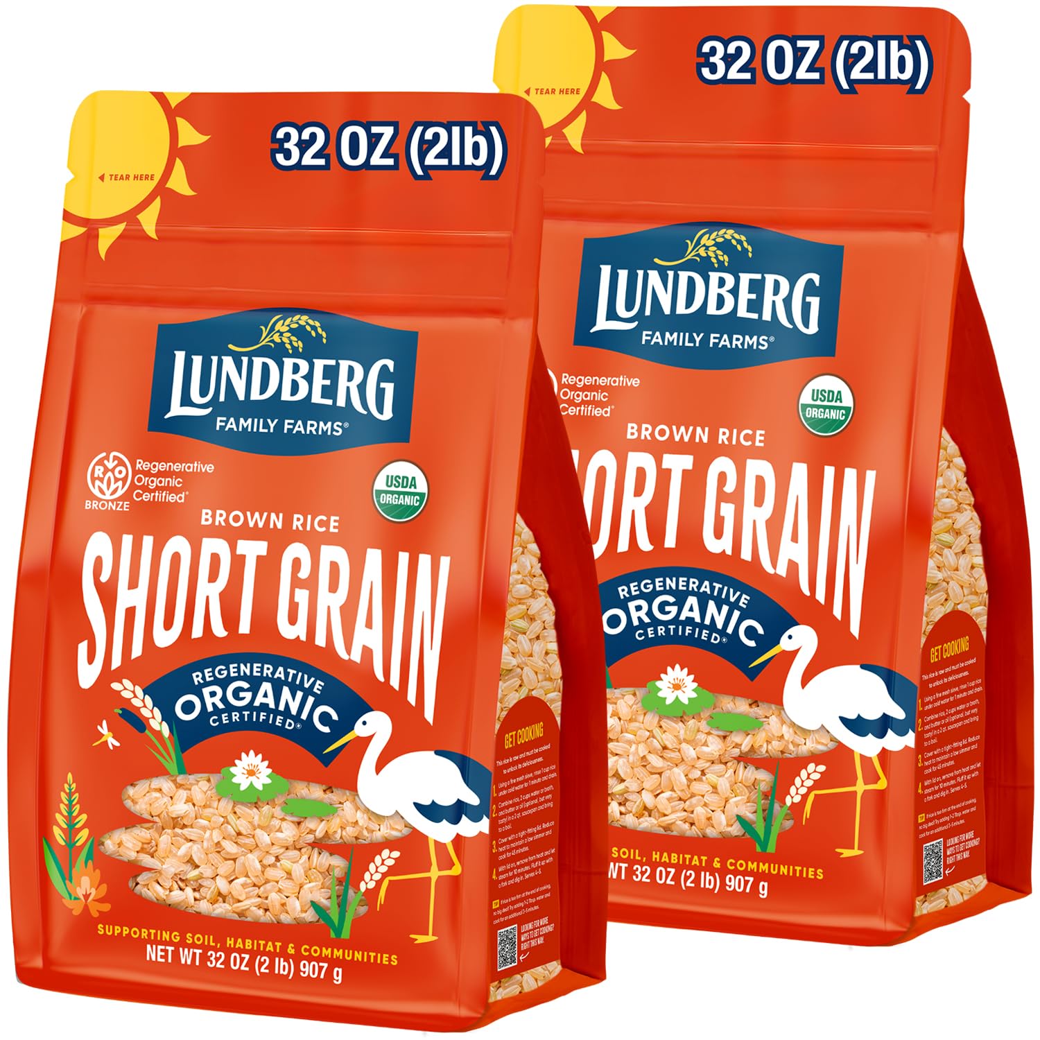 Lundberg Organic Short Grain Brown Rice - 2-Pack (32 Oz Each) | Regenerative Organic Certified, Nutty & Sticky Texture | Grown Sustainably in California | Perfect for Sushi, Rice Bowls & Healthy Meals
