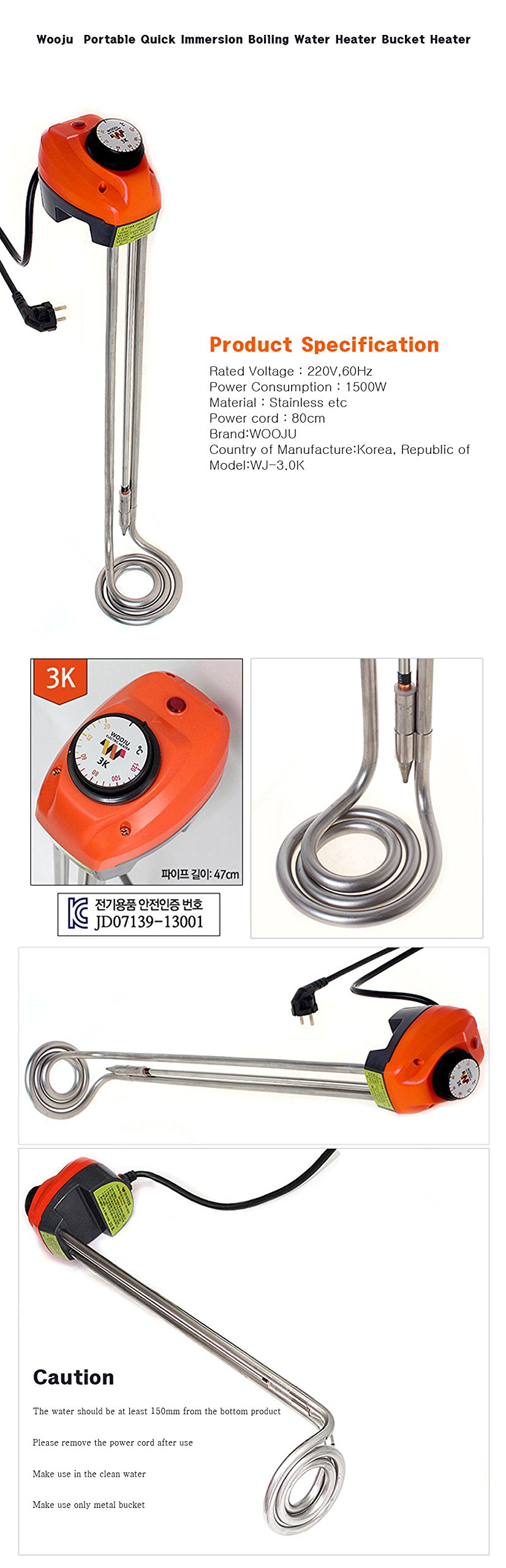 Wooju 3000W Portable Immersion Water Heater with Auto Temperature Control & Freeze Protection - 220V, 120°C/248°F - Ideal for Buckets, Tanks & Outdoor Use in Camping, Farming & Emergency Heating