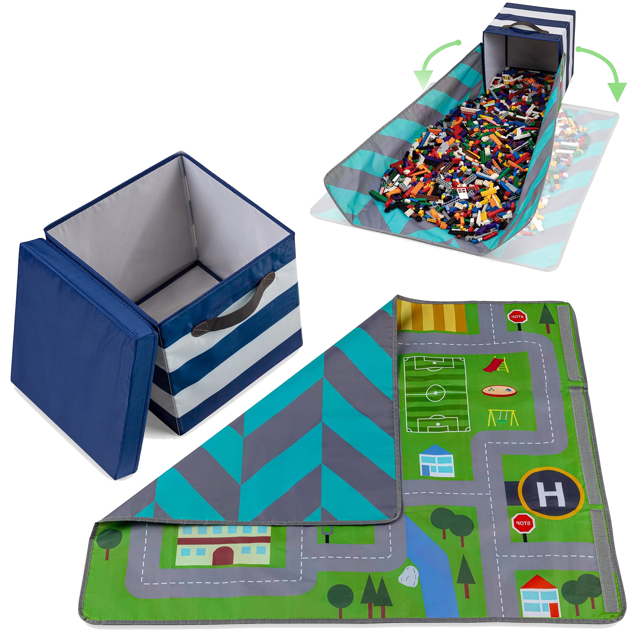 **Blue and White Kids Toy Storage Organizer with Play Mat - Foldable Toy Bin Shelf for Playroom, Nursery & Bedroom Organization**