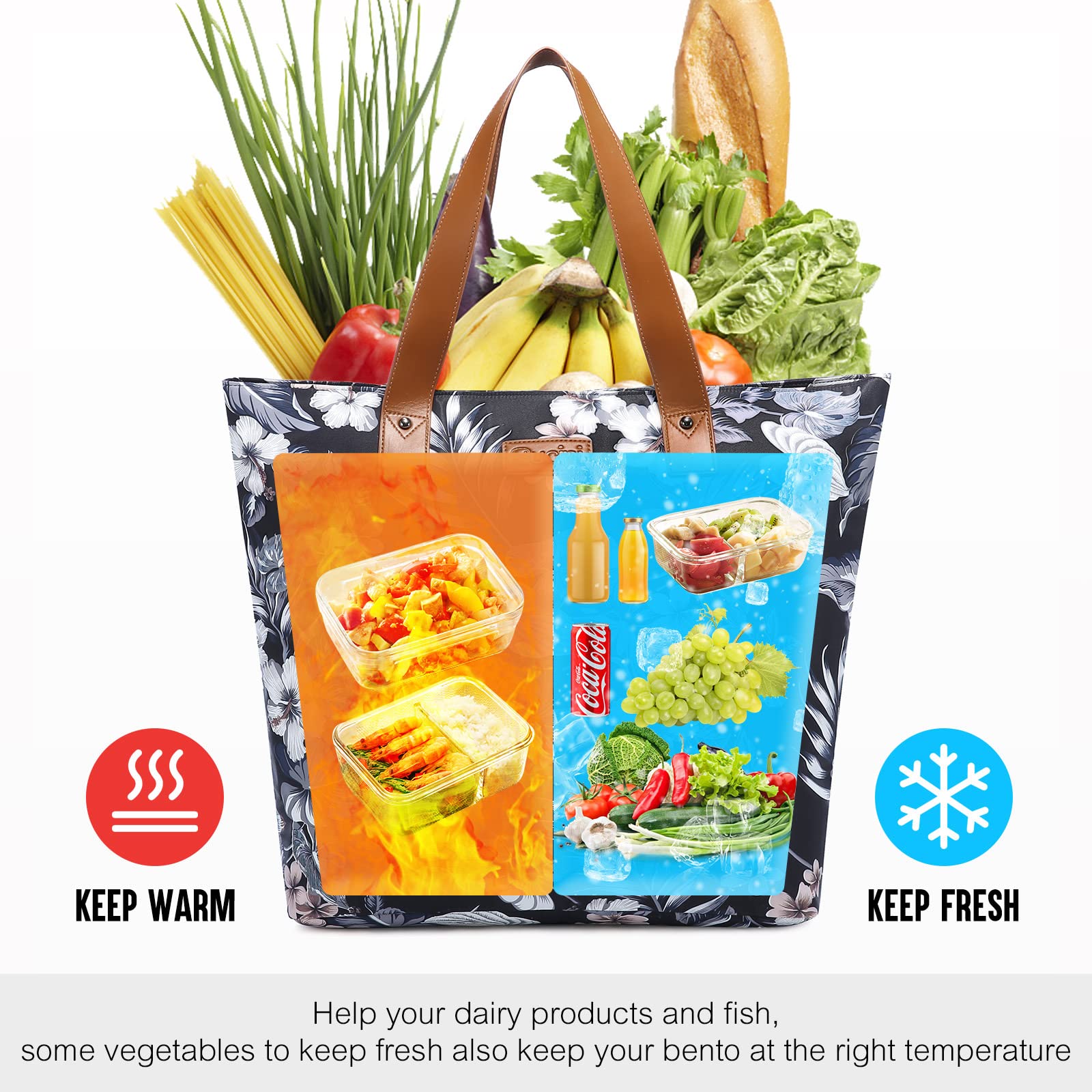 Sucipi 20L Large Insulated Cooler Bag with Thermal Foam - Black Lily Polyester Lunch Box for Picnic, Beach, Camping & Outdoor Activities
