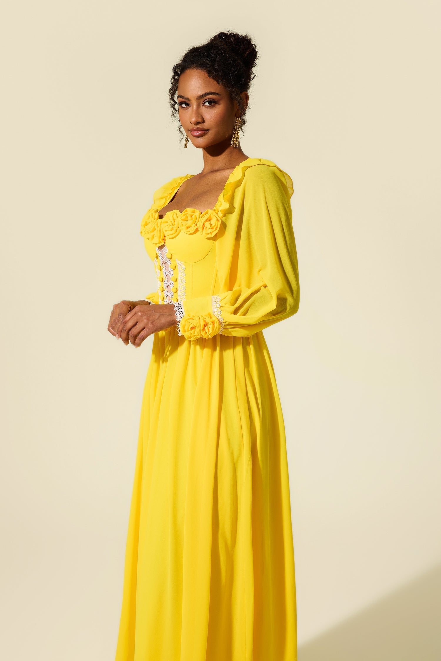 Elegant Yellow Chiffon 3D Flower Long Sleeve Midi Dress for Women | Summer Wedding Guest Dress & Party Cocktail Attire