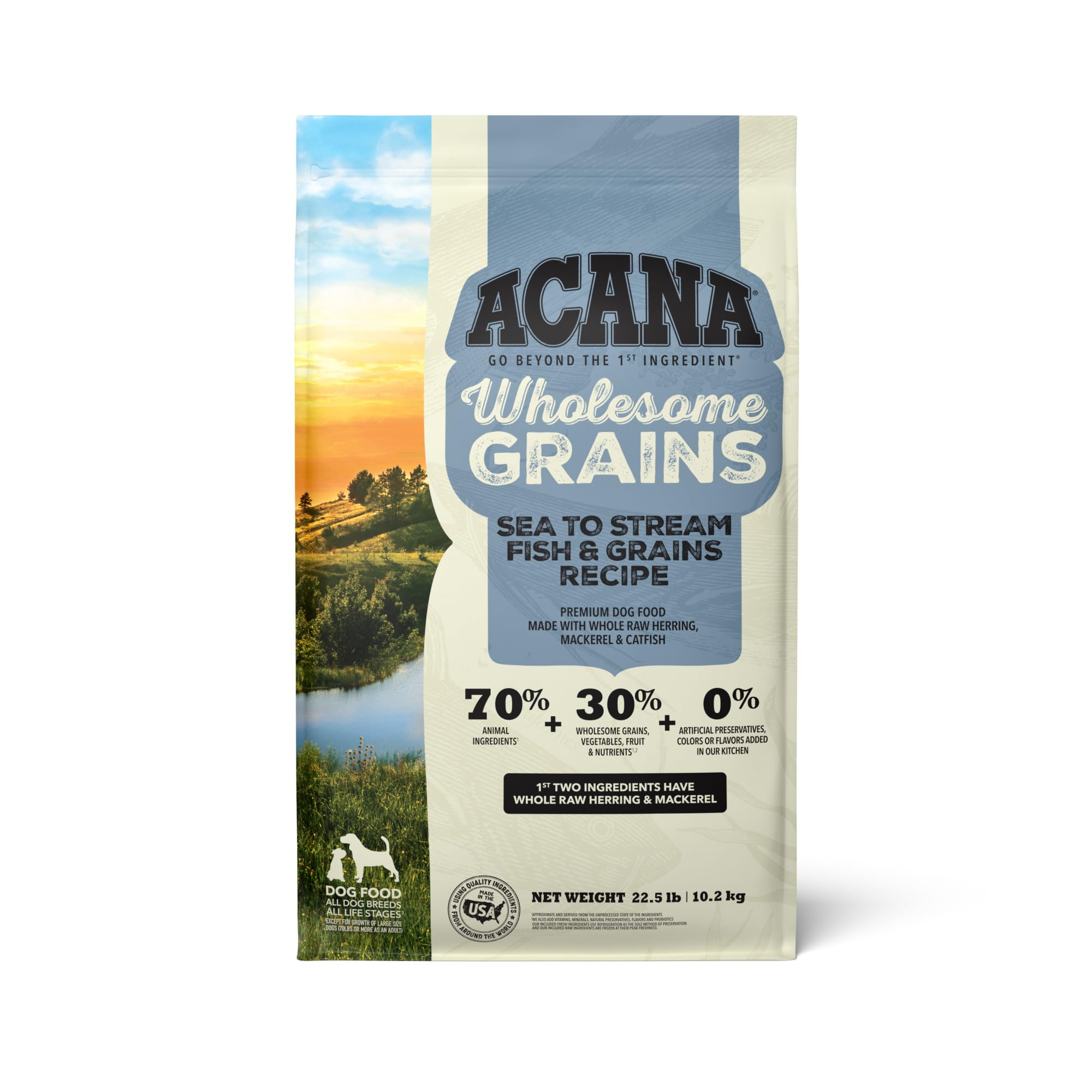 ACANA Wholesome Grains Dry Dog Food - Sea to Stream Recipe with Saltwater & Freshwater Fish & Grains - 22.5lb Bag - High Protein Grain-Inclusive Nutrition for Active Dogs - Perfect for Outdoor Adventures & Daily Feeding