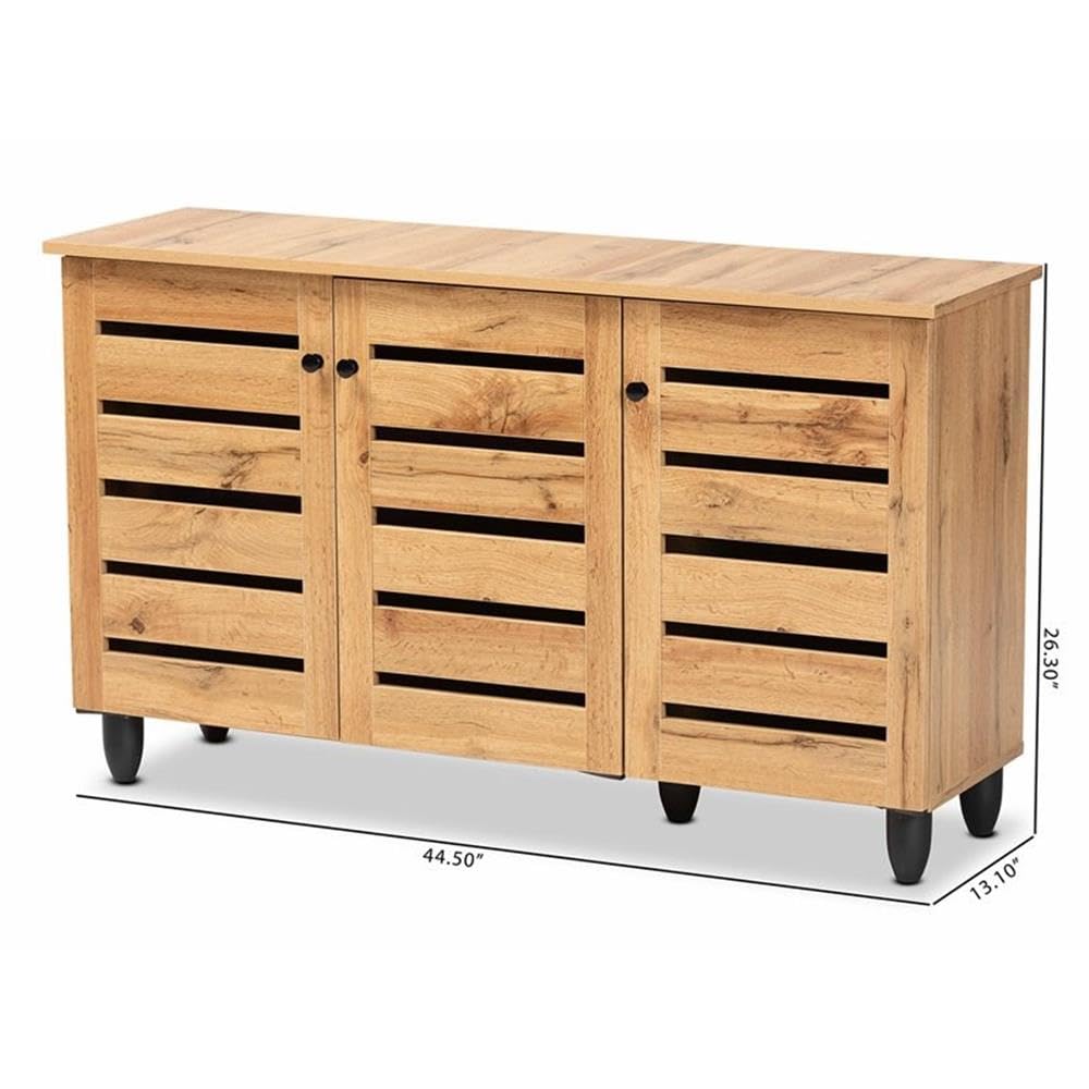 Baxton Studio Gisela Modern 3-Door Shoe Cabinet - Solid Oak Wood Storage Organizer with Brown Finish for Entryway, Closet & Bedroom Organization
