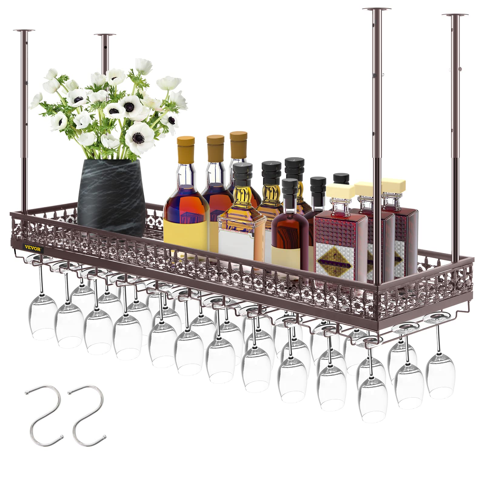 VEVOR Copper Ceiling Wine Glass Rack - 46.9 x 13 Inch Adjustable Height (18.9-35.8 Inch) - Holds 33 Glasses & 33 lbs - Modern Style for Home Bar, Restaurant, or Wine Cellar Storage