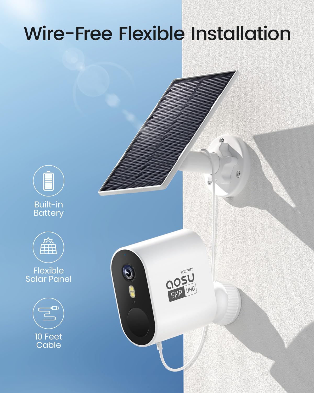 AOSU 5MP/3K Solar Security Camera System Add-on - Compatible with AOSU HomeBase (Not Standalone), Supports 4 Cameras Simultaneously | Outdoor Home Surveillance, Property Protection, Night Vision Monitoring
