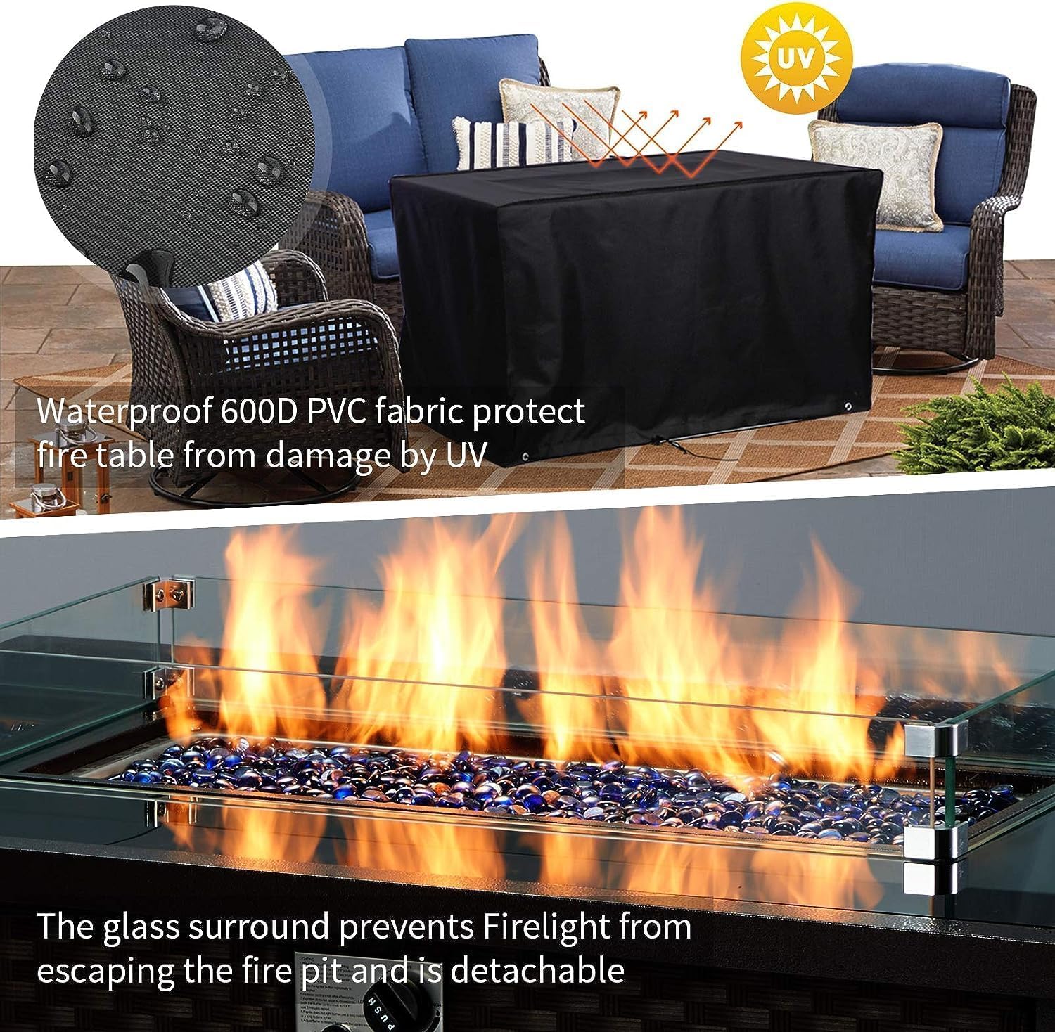 U-MAX 44 Inch Outdoor Propane Fire Pit Table - 50,000 BTU Auto-Ignition Gas Fire Pit with Wind Guard, Black Tempered Glass Top & Blue Fire Glass Rocks, Brown PE Wicker, CSA Certified - Perfect for Patio, Backyard, Deck and Garden Gatherings