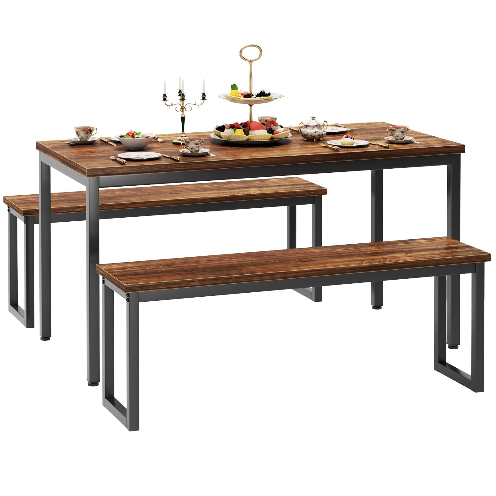 Soges 3-Piece Industrial Style Wooden Kitchen Table Set with 2 Benches - Dining Room Table for 4, Breakfast Nook & Coffee Table - Perfect for Small Spaces, Apartments & Farmhouse Kitchens