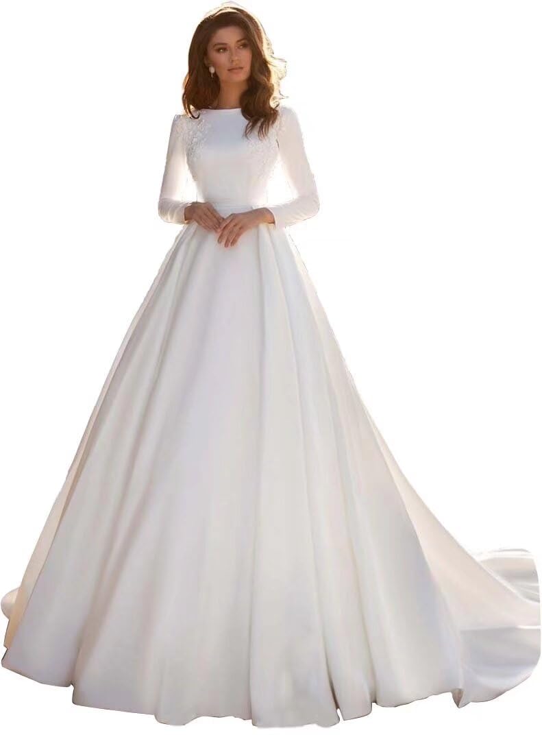 Elegant Long Sleeve Lace Wedding Dress for Bride 2024 - Modest Ball Gown with Applique Details - Perfect for Church Ceremony, Winter Weddings & Formal Bridal Events