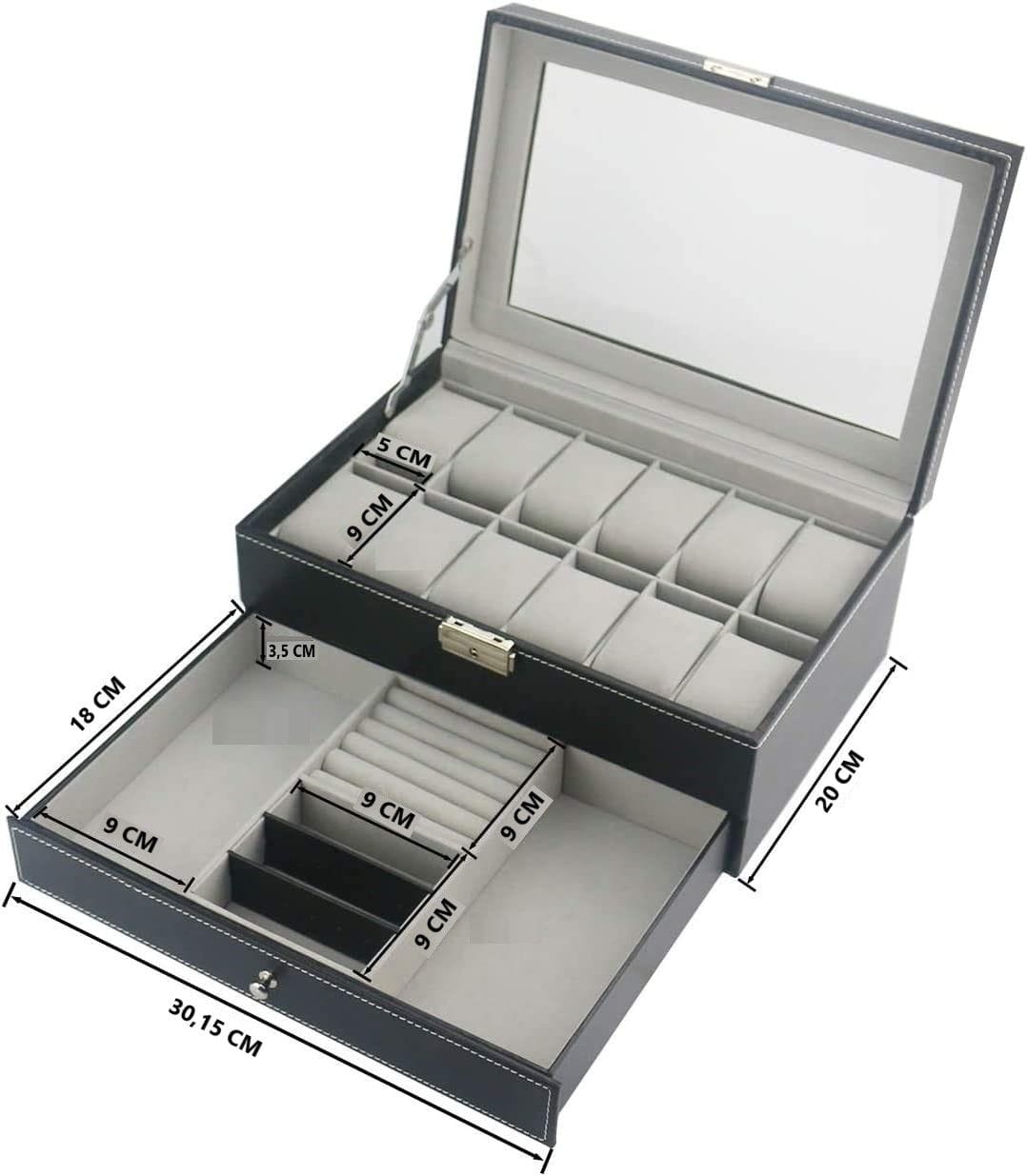 12-Slot PU Leather Lockable Watch & Jewelry Storage Box - Black | Secure Organizer for Travel, Home & Gift Giving