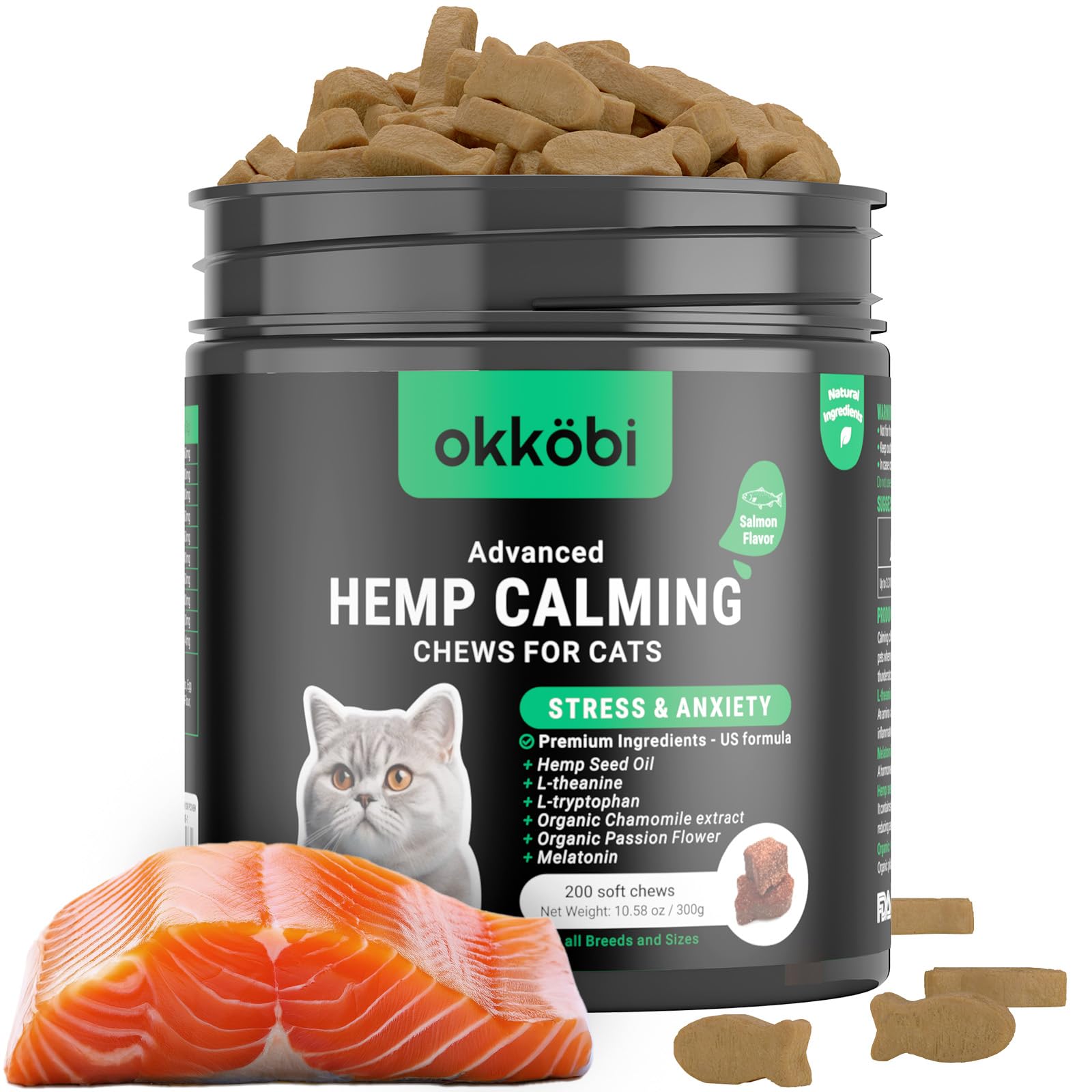 Organic Hemp Calming Chews for Cats - 200 Count Natural Anxiety Relief Treats with Melatonin - Stress, Travel, Vet Visits & Grooming Support - Soothing Cat Calming Snacks for Nervous Pets - Perfect for Multi-Cat Households & Anxious Felines