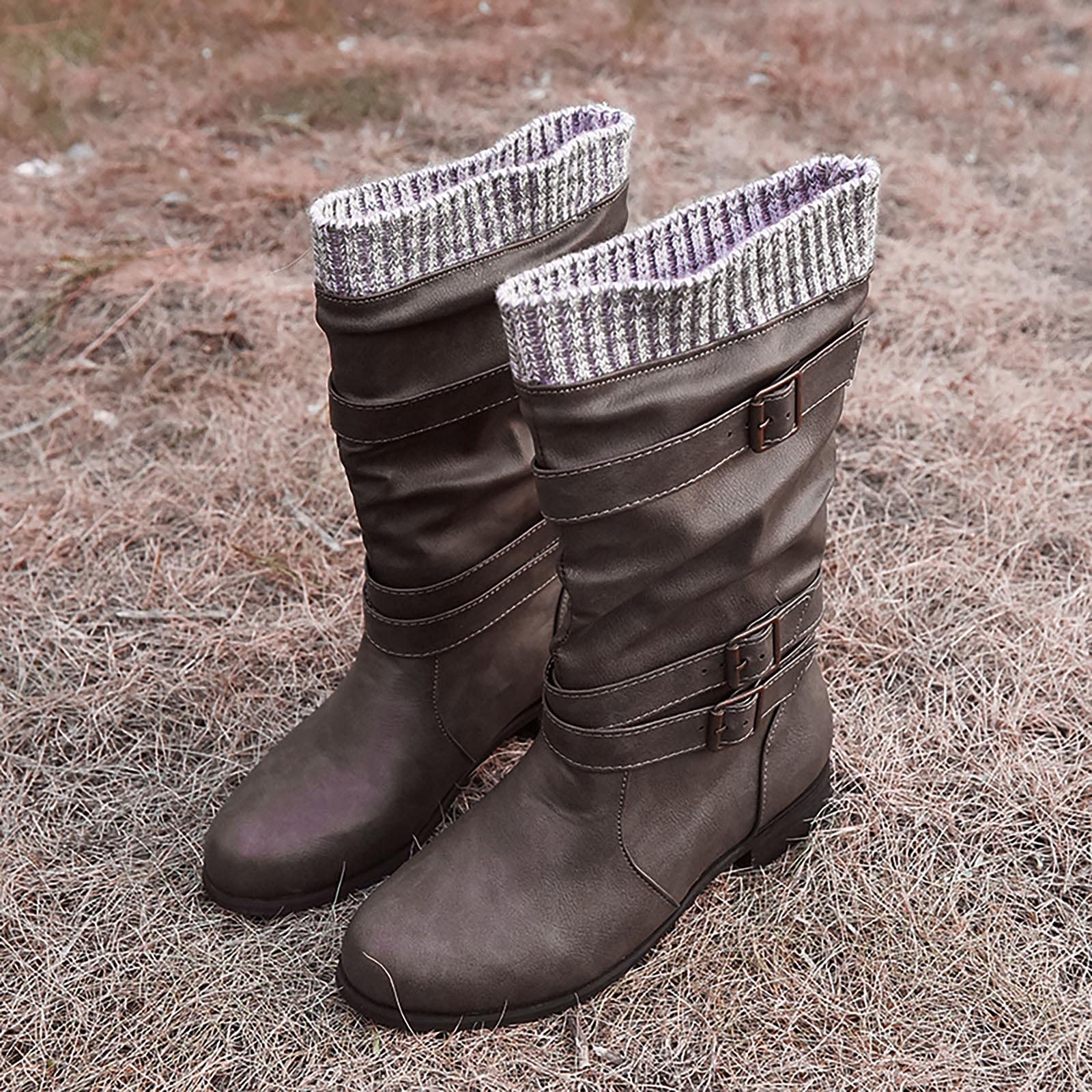 Oiangi Women's Winter Boots - Fashion Round Toe Buckle Strap Chunky Heel Slip-On Mid Calf Boots | Retro Comfortable Casual Ladies Footwear for Work, Dating & Daily Wear