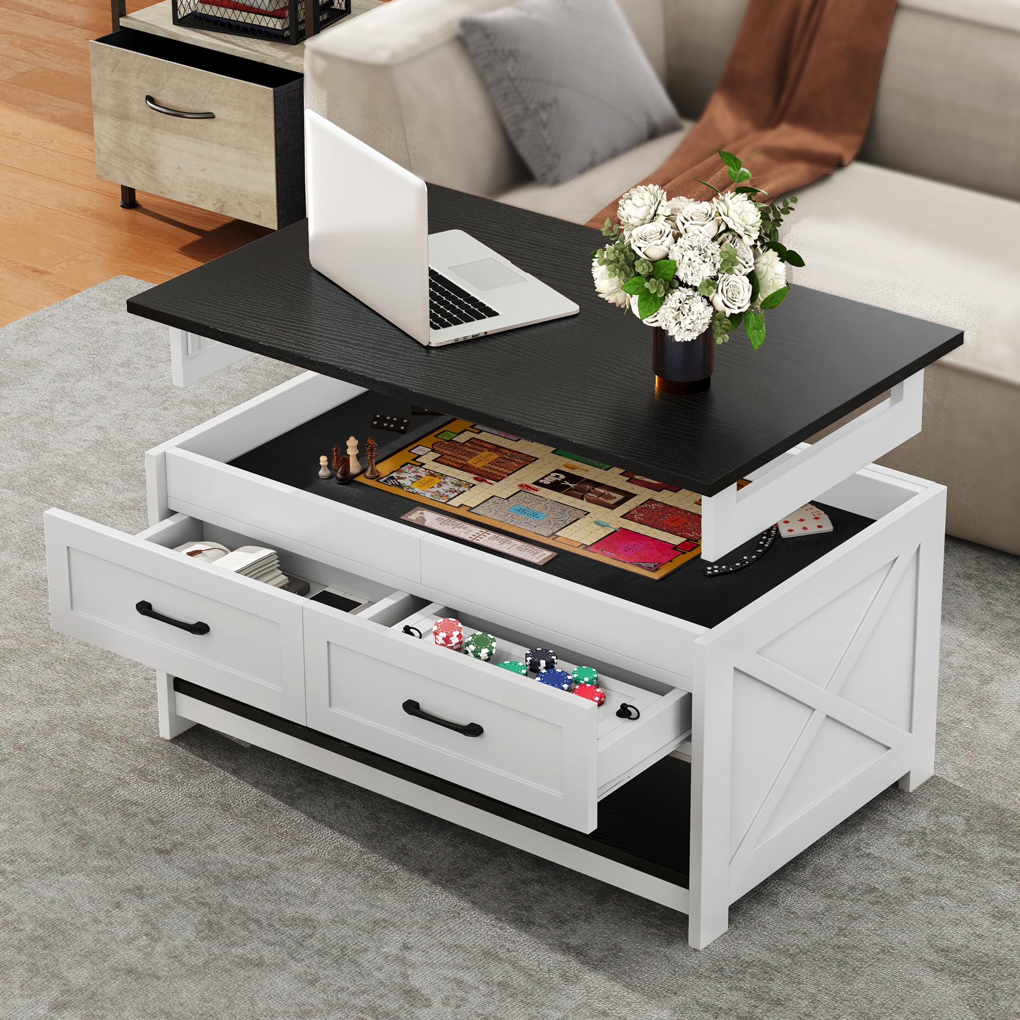 Farmhouse Coffee Table with Play Mat - 3-in-1 Convertible Puzzle Table with 4 Drawers & Built-in Power Outlet, Removable Table Top - Rustic Living Room Furniture for Family Game Nights & Kids Playtime (Black)