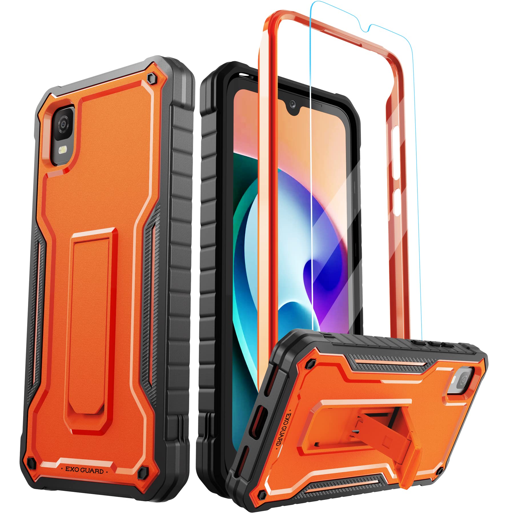 Shockproof TCL 30Z & 30 LE Phone Case with Tempered Glass Screen Protector & Kickstand - Heavy Duty Full Body Protection Case (Orange) - Perfect for Outdoor Activities, Work & Travel
