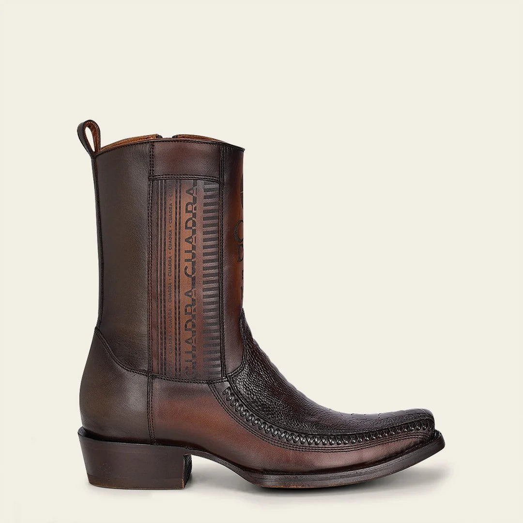 Men's Cuadra Brown Cowboy Boots with Ostrich Leg Design & Ankle Zip - Stylish Western Boots for Rodeo, Country Music Festivals & Casual Wear